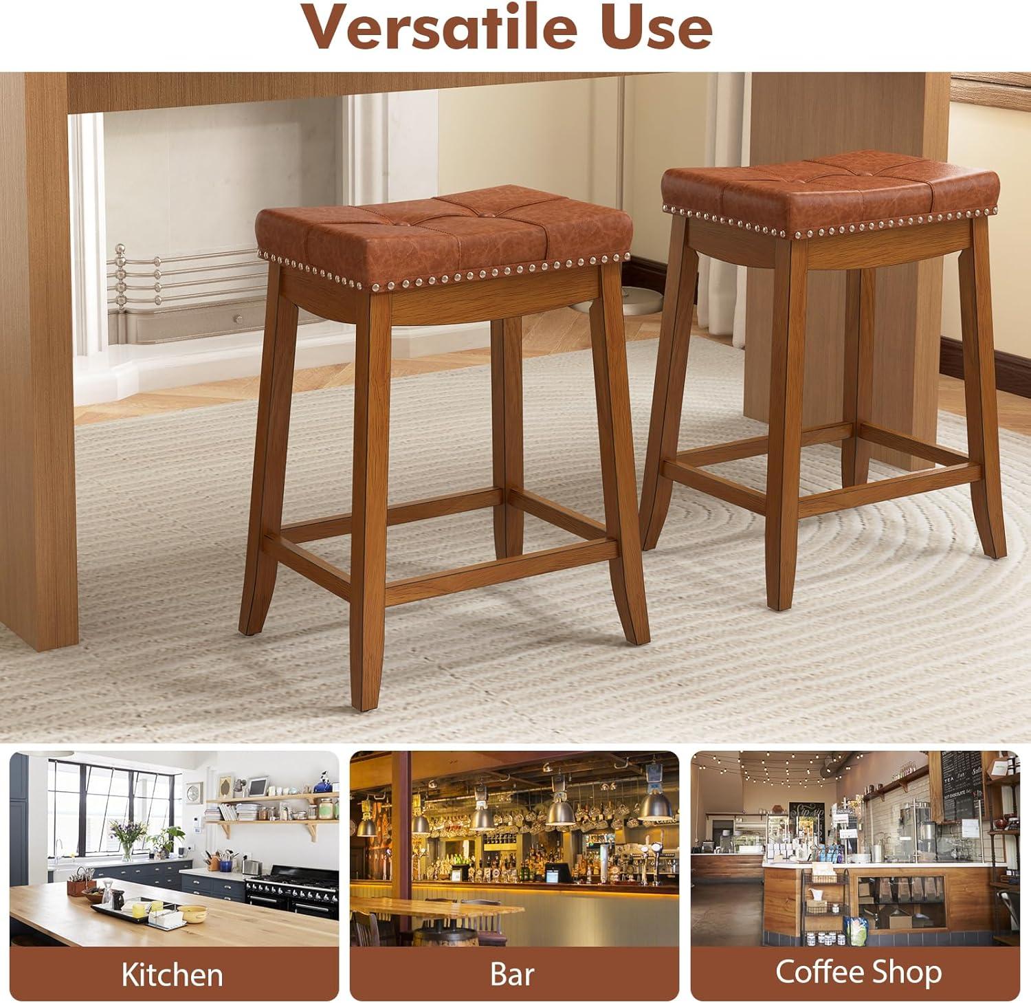 Topcobe 25/29 Inch Set of 2 Upholstered PU Leather Bar Stools with Saddle Seat, Modern Furniture for Indoor-25 inches