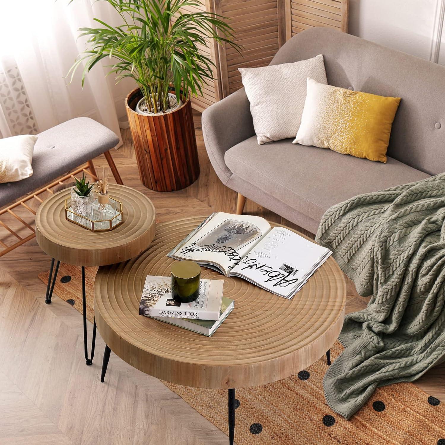 Round Natural Wood Farmhouse Nesting Coffee Table Set