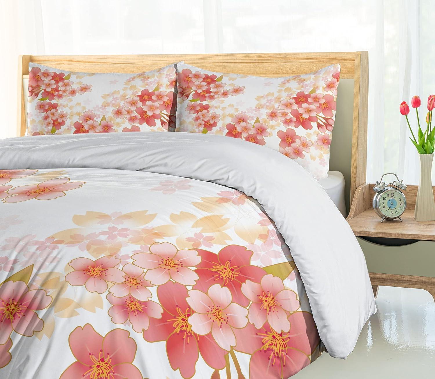 Floral King Size Duvet Cover Set, Japanese Sakura Flowers Cherry Blossoms in Vibrant Colors Illustration, Decorative 3 Piece Bedding Set with 2 Pillow Shams, Coral Dark Coral Yellow, by Ambesonne