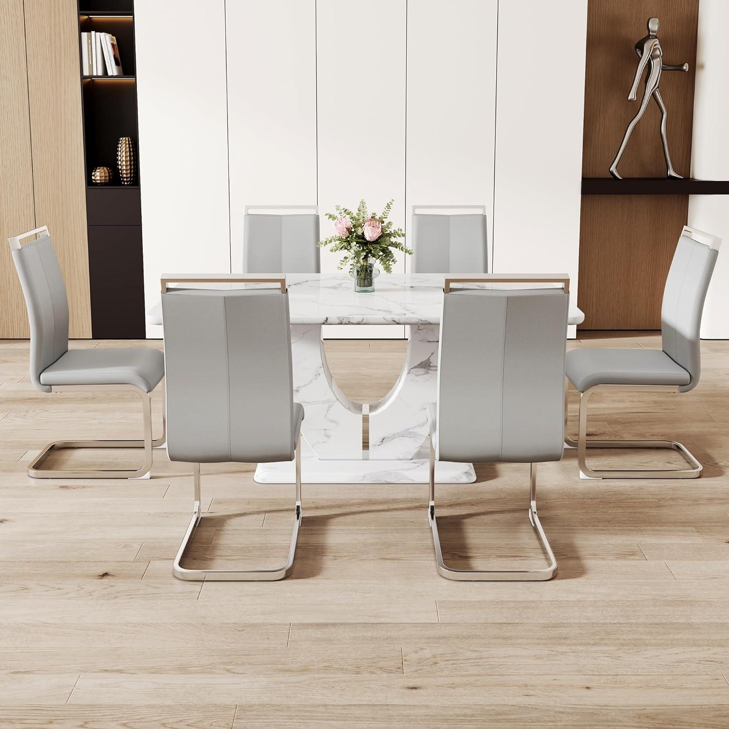 Modern White Faux Marble Dining Table Set with 6 Gray PU Leather Chairs