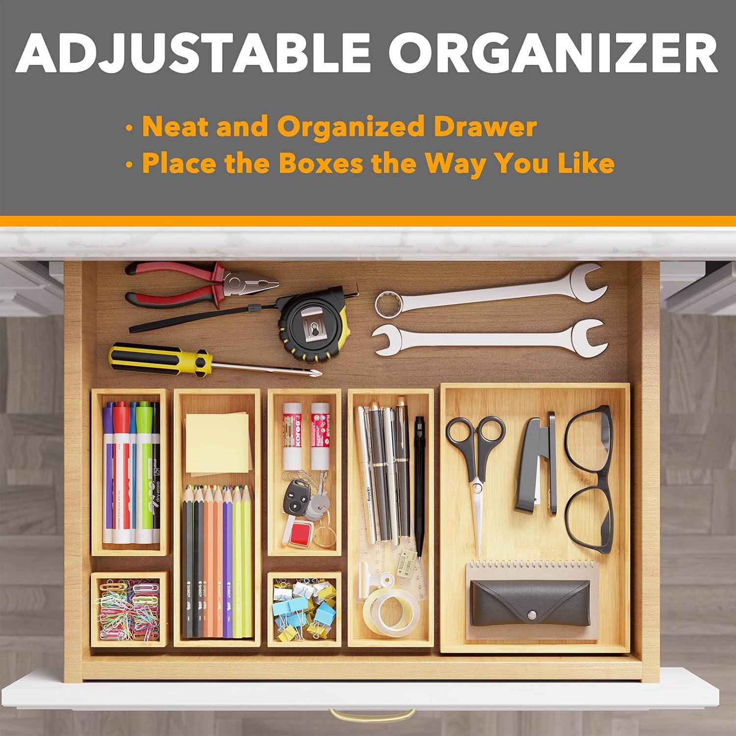 7-Piece Bamboo Drawer Organizer Set – Multi-Use Divider Bins for Kitchen, Bathroom, Office, and Makeup Storage, Natural