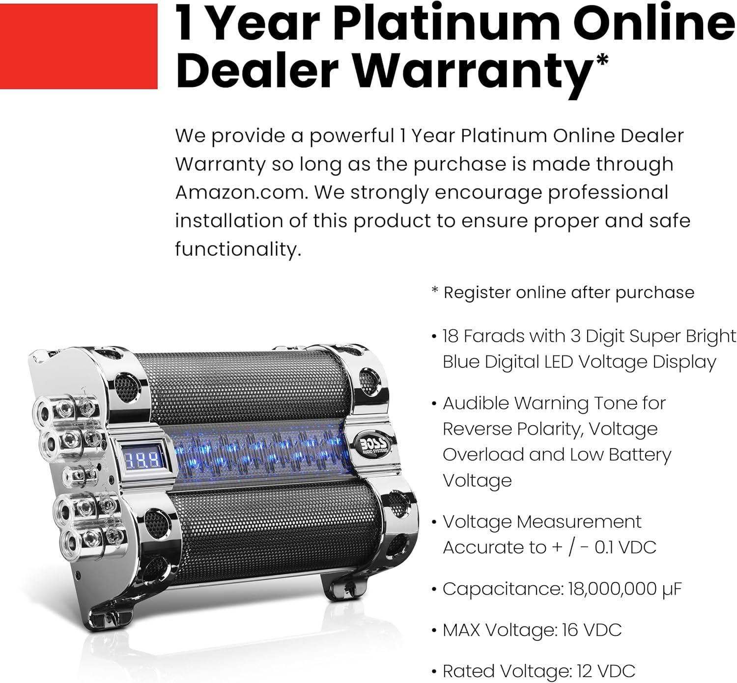 BOSS Audio Systems Cap18 - 18 Farad Car Audio Capacitor - Energy Storage, Enhance Bass From Stereo, Warning Reverse Polarity Tone, Voltage Overload Low Battery Voltage Led, For Amplifier and Subwoofer