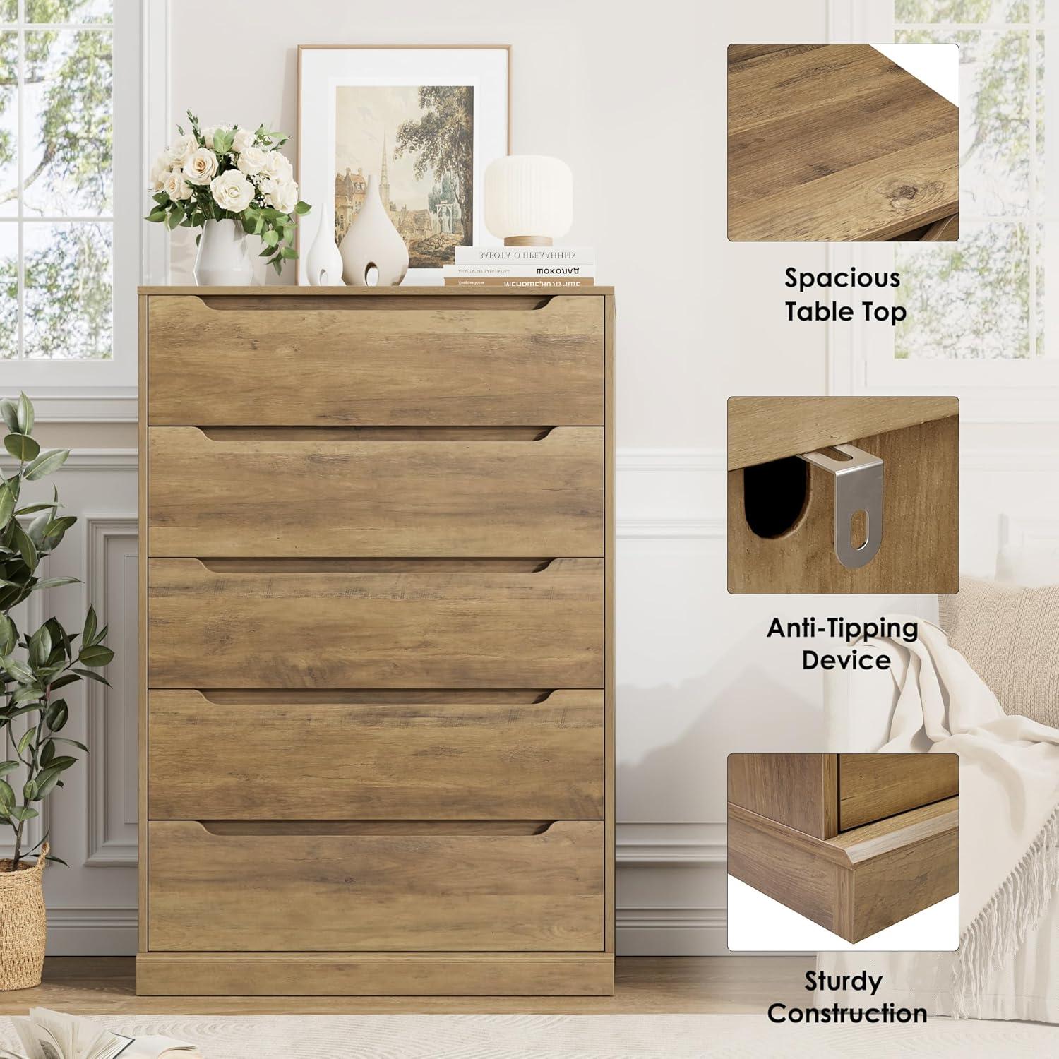 Homfa Dresser for Bedroom, Wood Storage Chest of 5 Drawers with Cutout Handles for Living Room, Rustic Brown