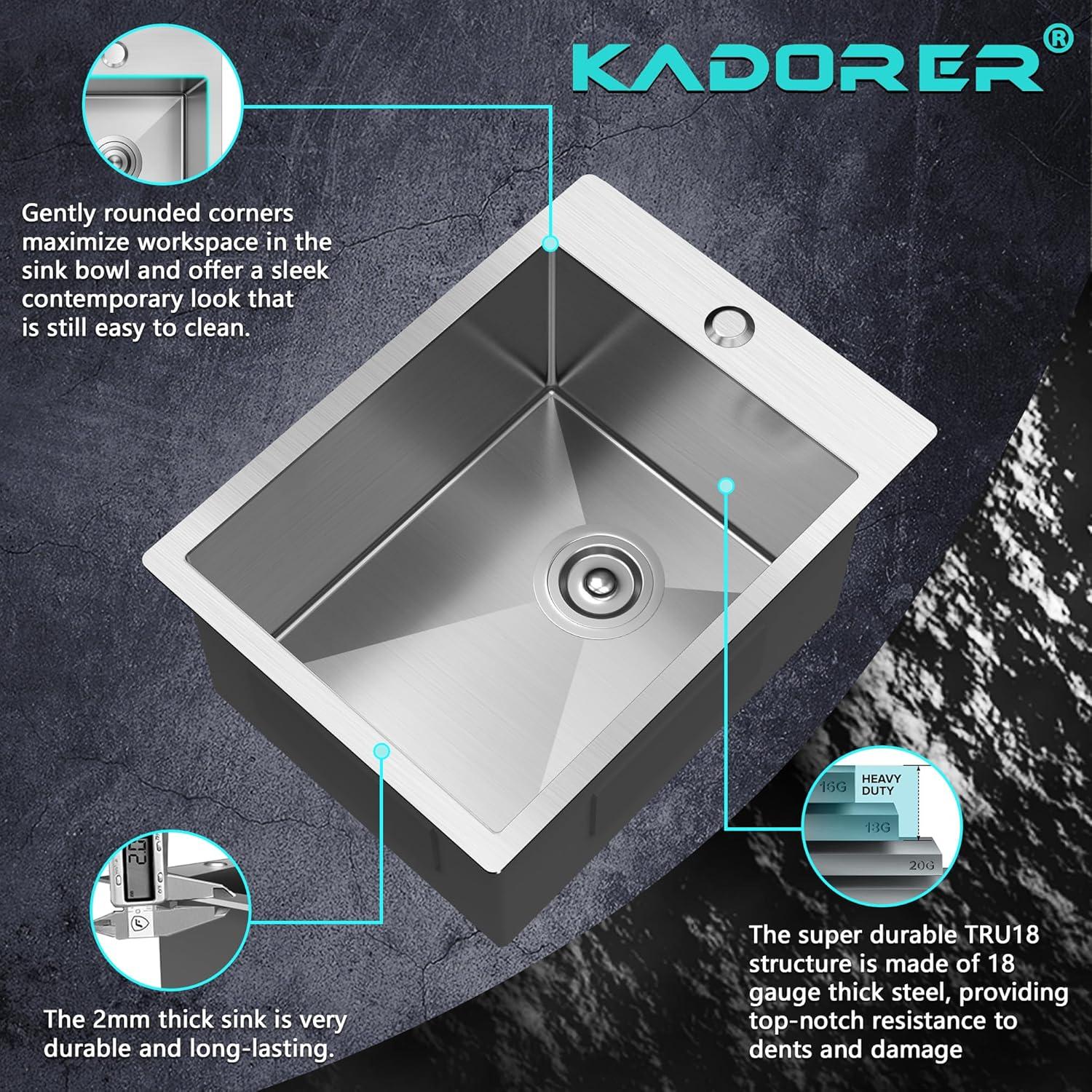 15 x 20 Inch Drop In Kitchen Bar Sink, Small Kitchen Sink Single Bowl Topmount Bar Prep Sink 18 Gauge Stainless Steel Bar Sink with Grid and Basket Strainer