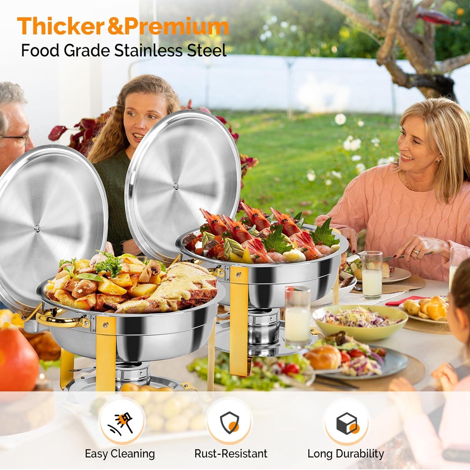 ROVSUN Gold Chafing Dishes for Buffet, 5 Qt 4 Pack Round Stainless Steel Chafing Dish Set with Lid Holder, Buffet Warmer Set for Parties, Christmas Gatherings, Catering Events, Weddings