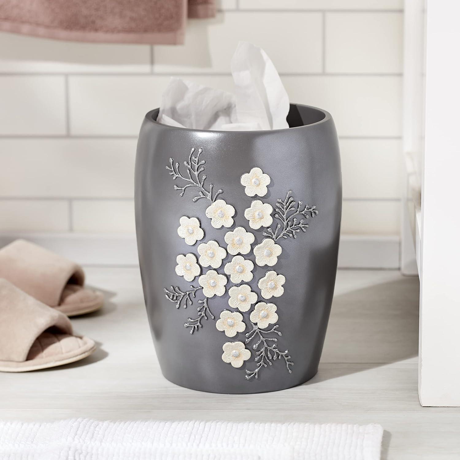 Gray Floral Embellished Plastic Wastebasket for Kids