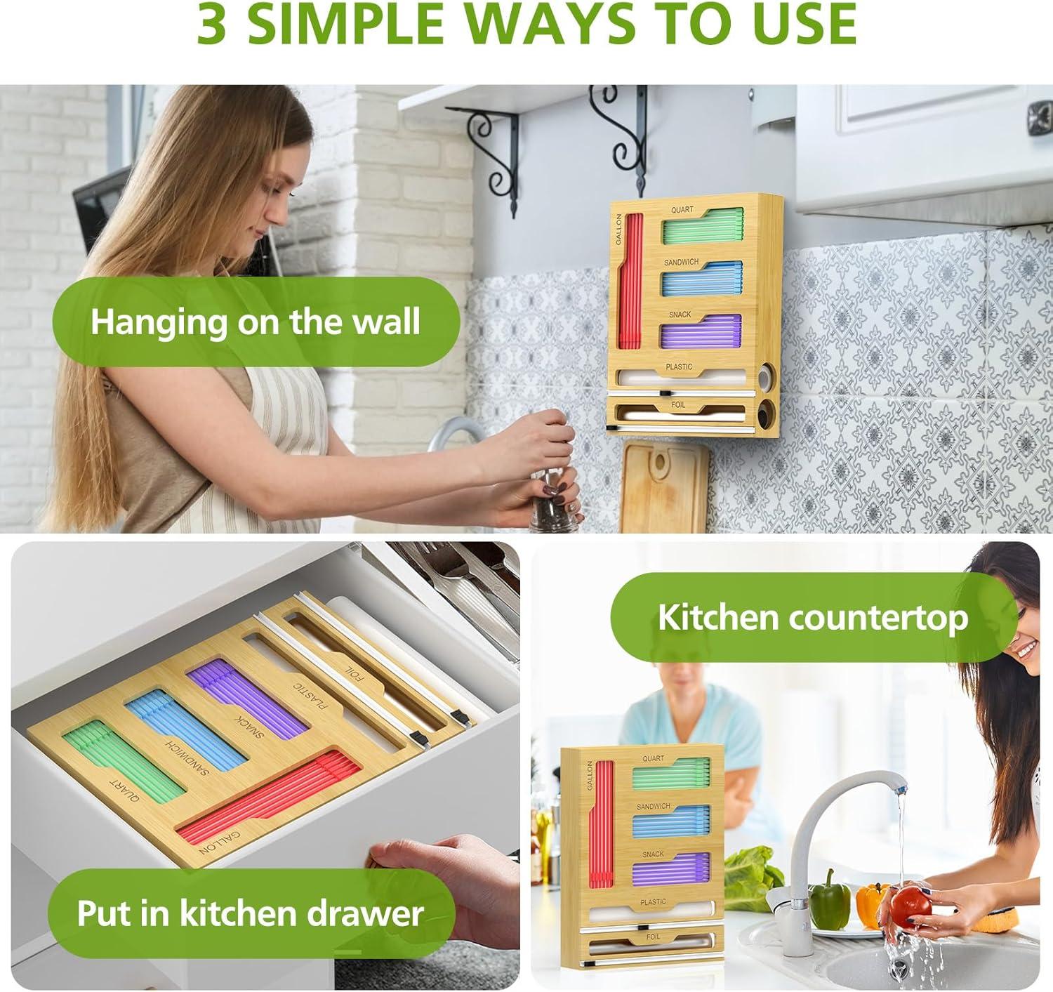 Natural Bamboo and Stainless Steel Kitchen Drawer Organizer
