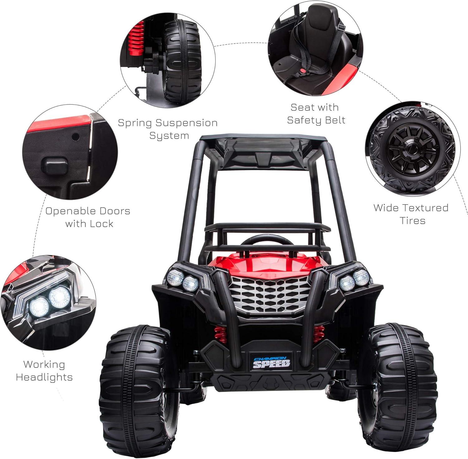 Aosom 12V Dual Motor Kids UTV, Battery Powered Electric Ride on Truck with Forward and Reverse Function, Lights, MP3/USB, Suspension, Remote Control, Red