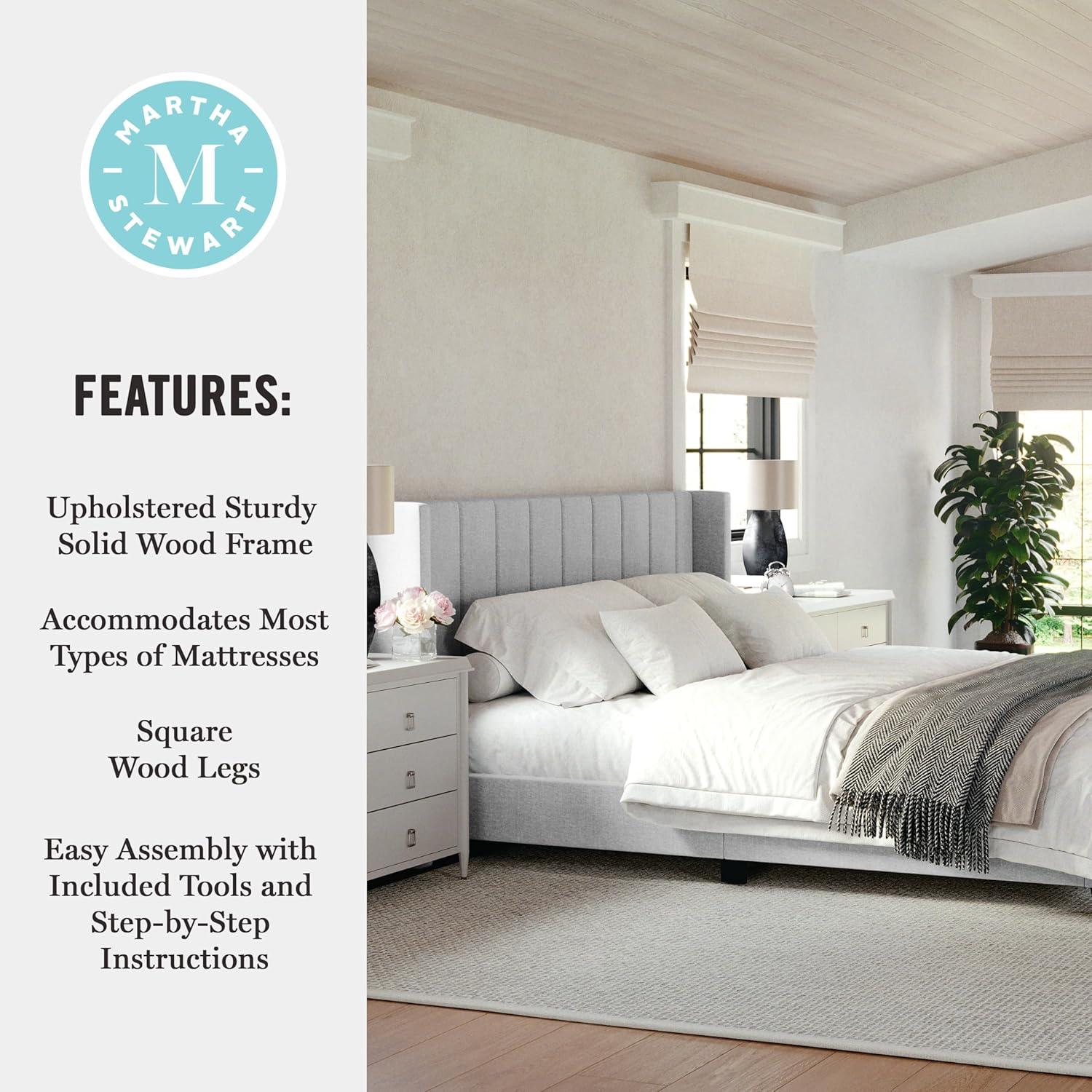 Martha Stewart Kay Upholstered Platform Bed With Channel Stitched Wingback Headboard