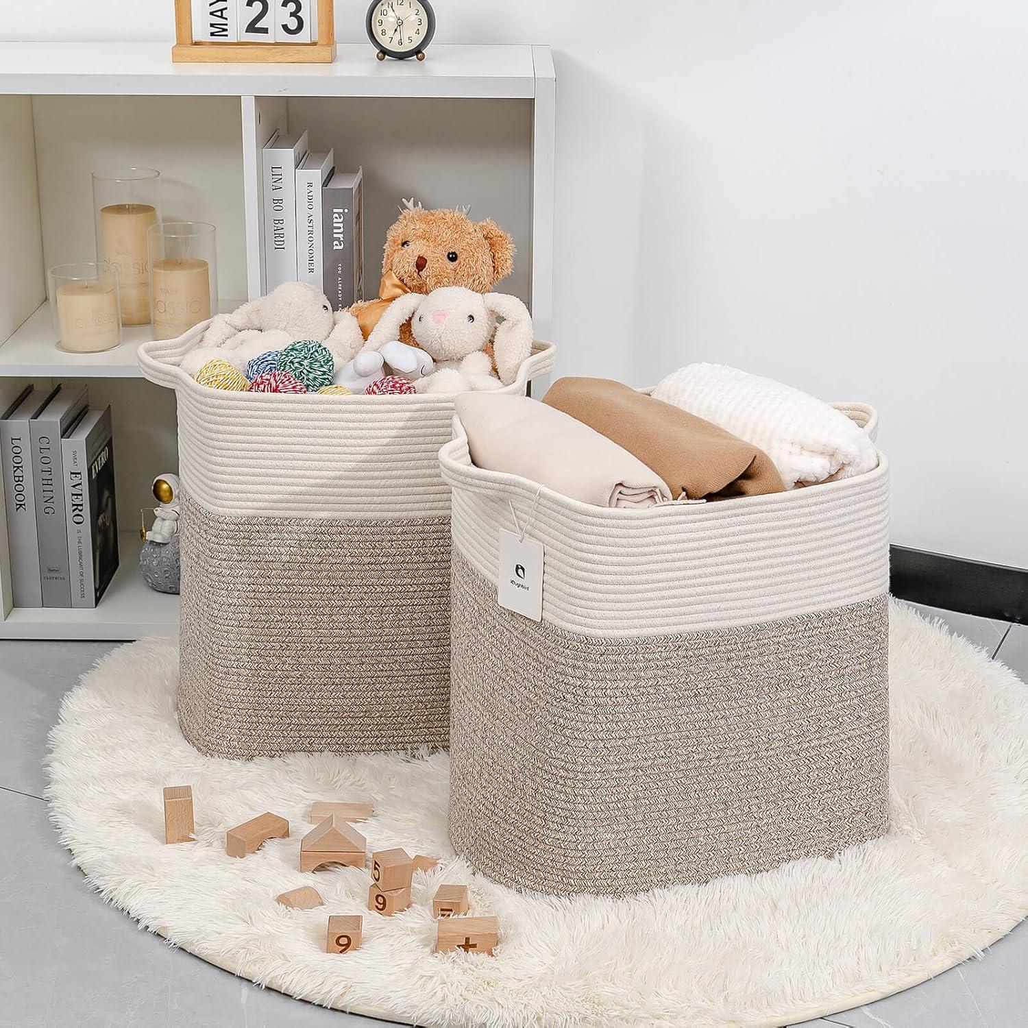 Brown and White Cotton Rope Upright Hamper Set