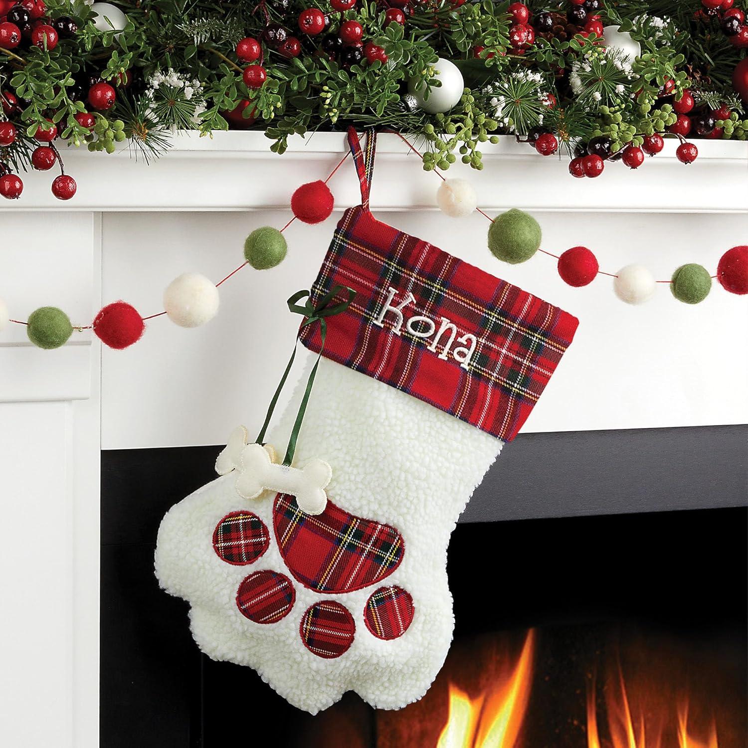 Personalized Planet Dog Paw Christmas Stocking with Custom Pet Name Embroidered, White Faux Sherpa with Red Plaid Cuff and Dog Bone Accents, Festive Christmas Décor, Ready to Hang