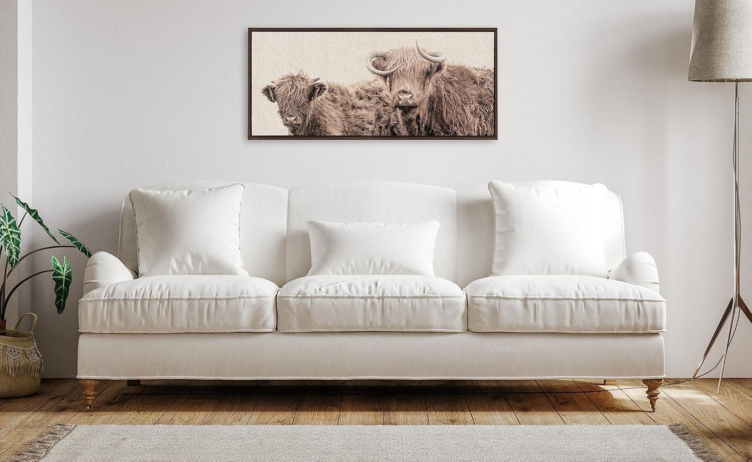 Kate and Laurel Sylvie Two Highland Cow Best Friends Color Neutral Linen Bright Framed Canvas Wall Art by The Creative Bunch Studio, 18x40 Brown, Wide Farm Animal Portrait Art for Wall