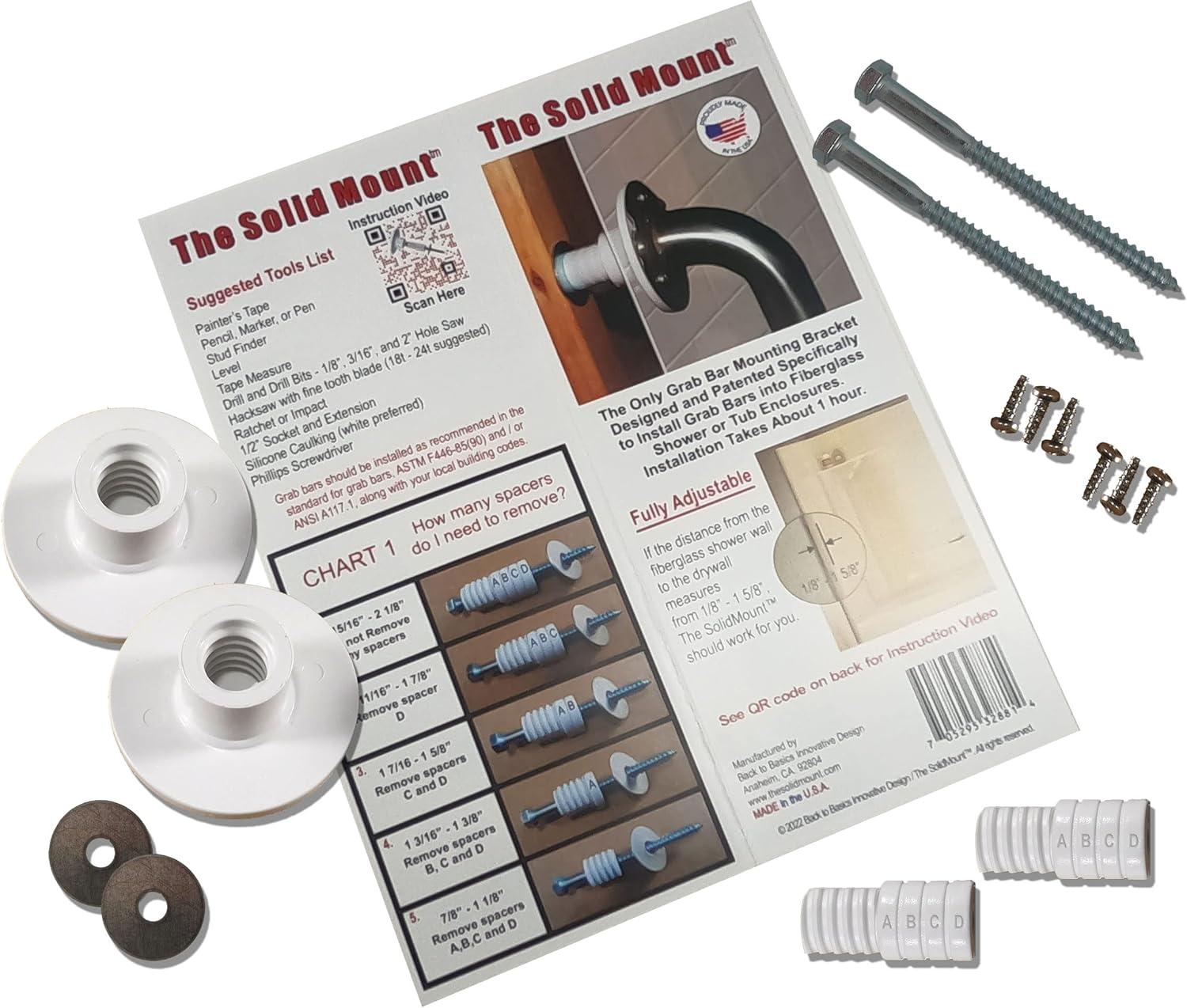 Solid Mount Grab Bar Kit - Patented Mounting Kit for Fiberglass Wall in Bathtubs & Showers/ANSI & ADA Standards/1 Kit Mounts 1 Grab Bar