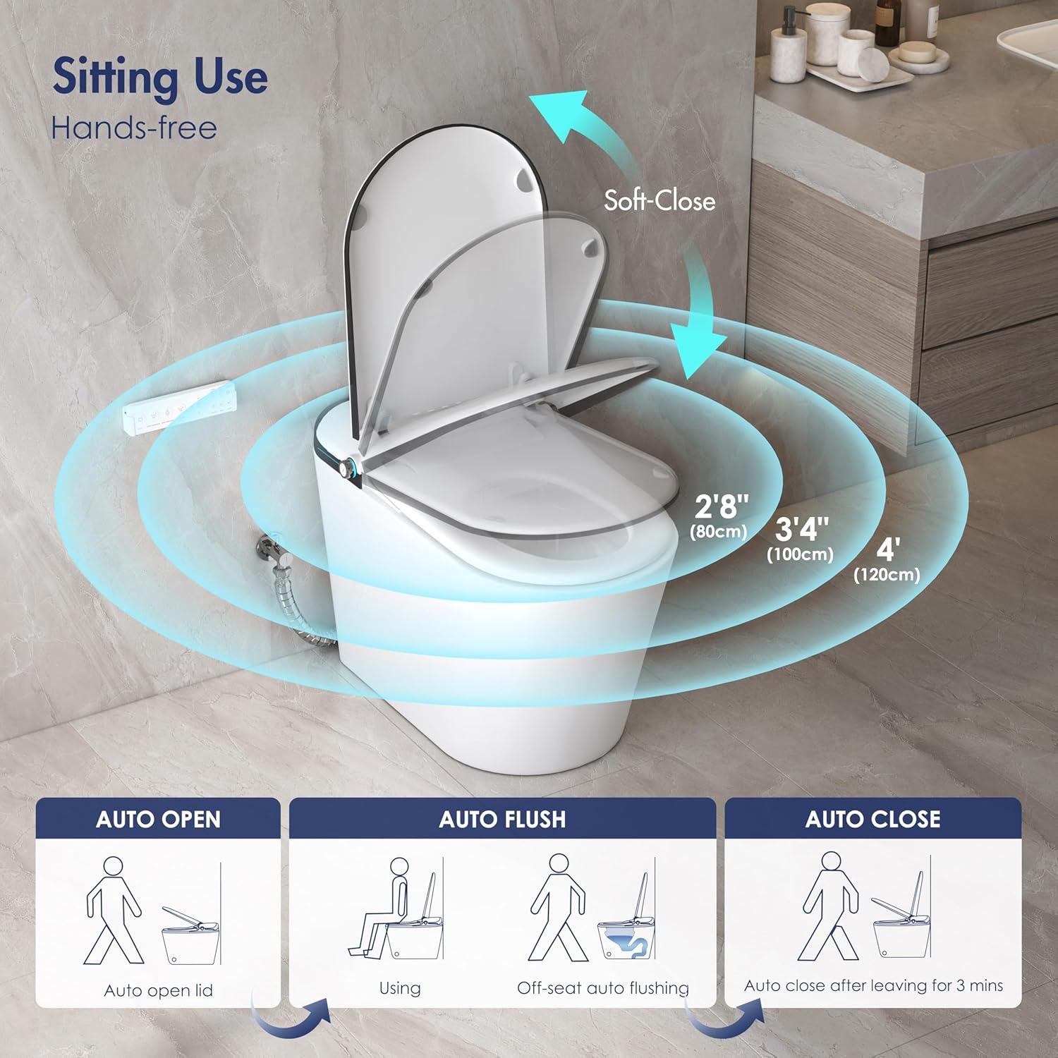 Elongated Smart Bidet Toilet with Heated Seat, Sensor-Activated Lid, Auto & Blackout Flush, Night Light (Remote Included)