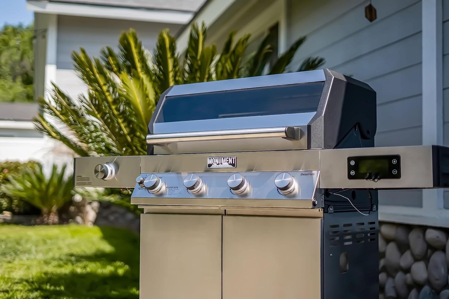 Denali 4-Burner Propane Gas Grill in Stainless with Clearview Lid, 3-Phase LED Controls and Side Burner