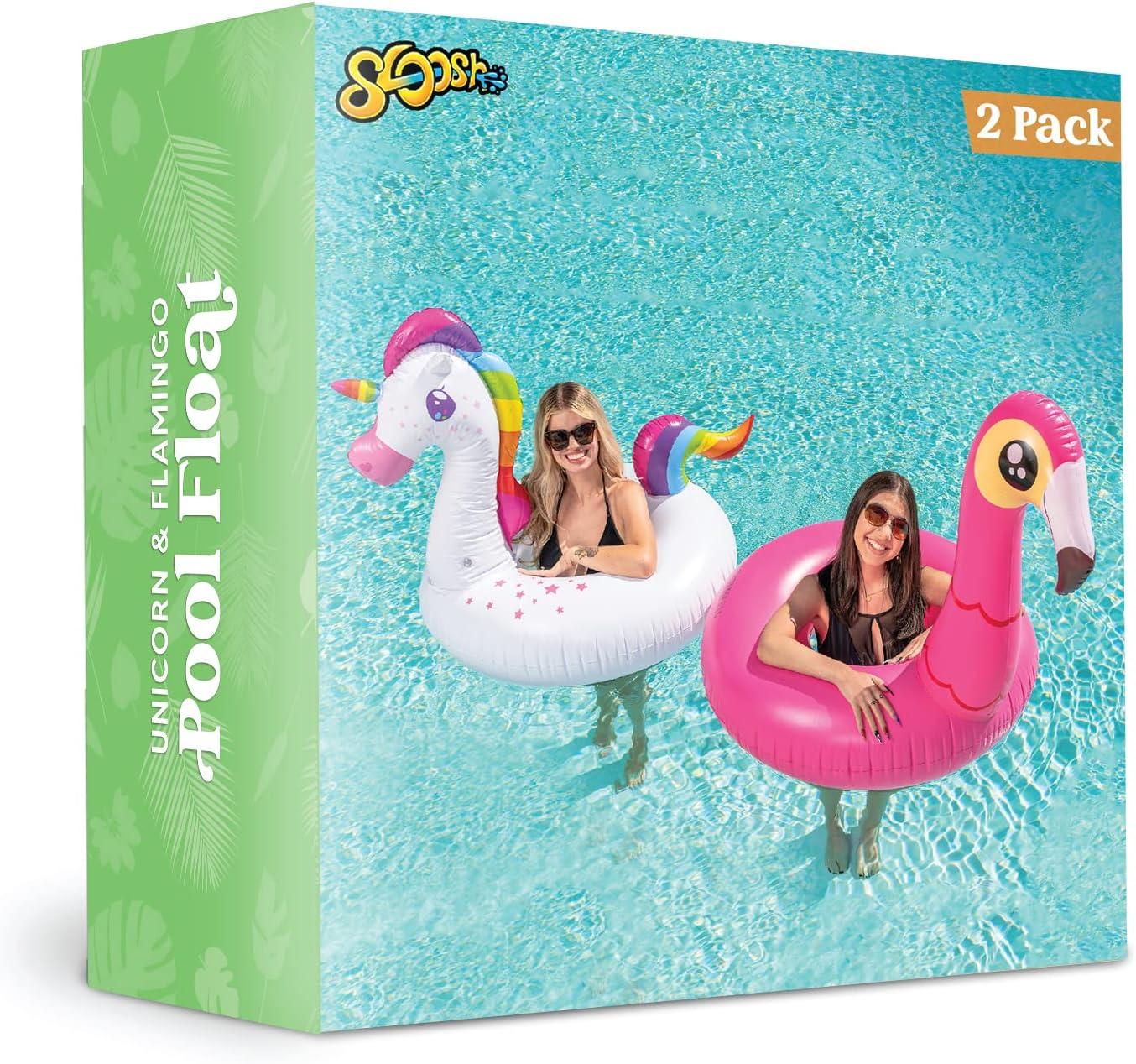 Joyfy 2 Packs Pool Floats Tube, Inflatable Unicorn Flamingo Pool Toys Floaties with Headrest, Pool Swim Ring for Kids Adults Beach Lake Summer Fun