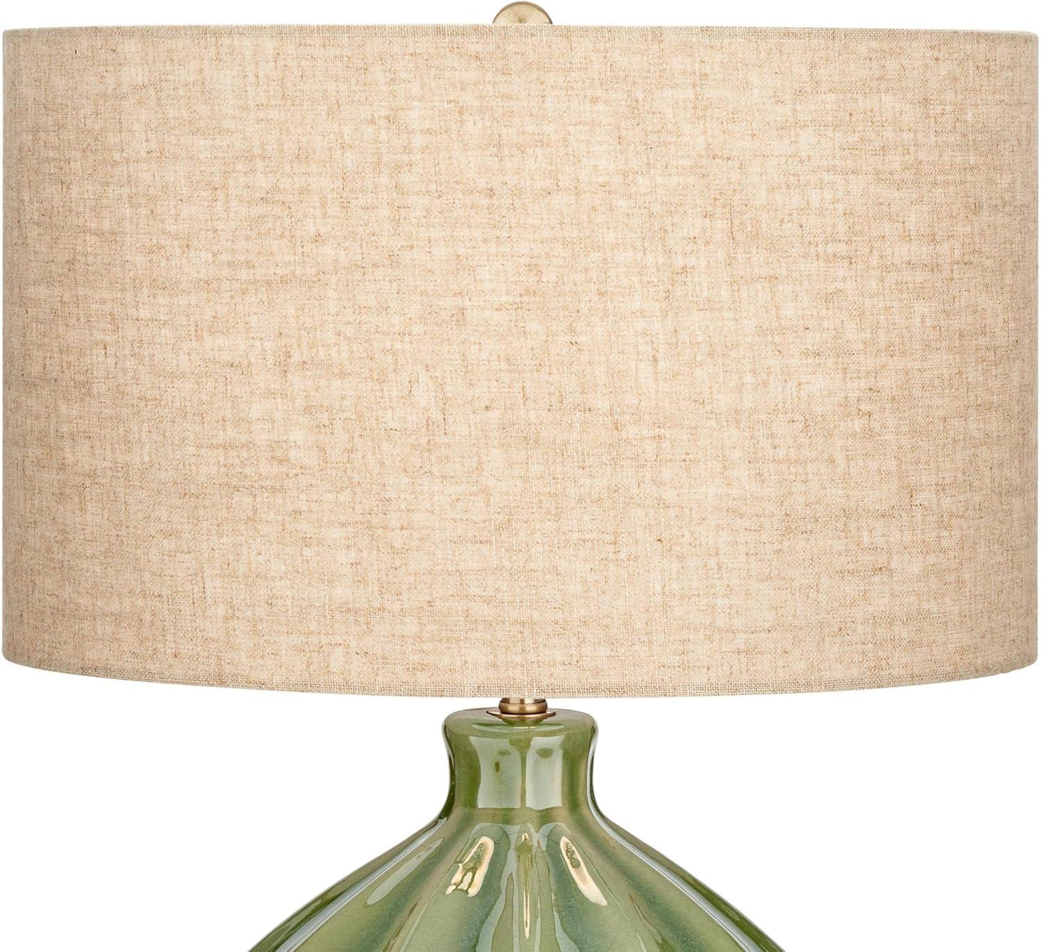 360 Lighting Gordy Modern Accent Table Lamps 20 1/2" High Set of 2 Ribbed Green Ceramic Oatmeal Fabric Drum Shade for Bedroom Living Room Nightstand