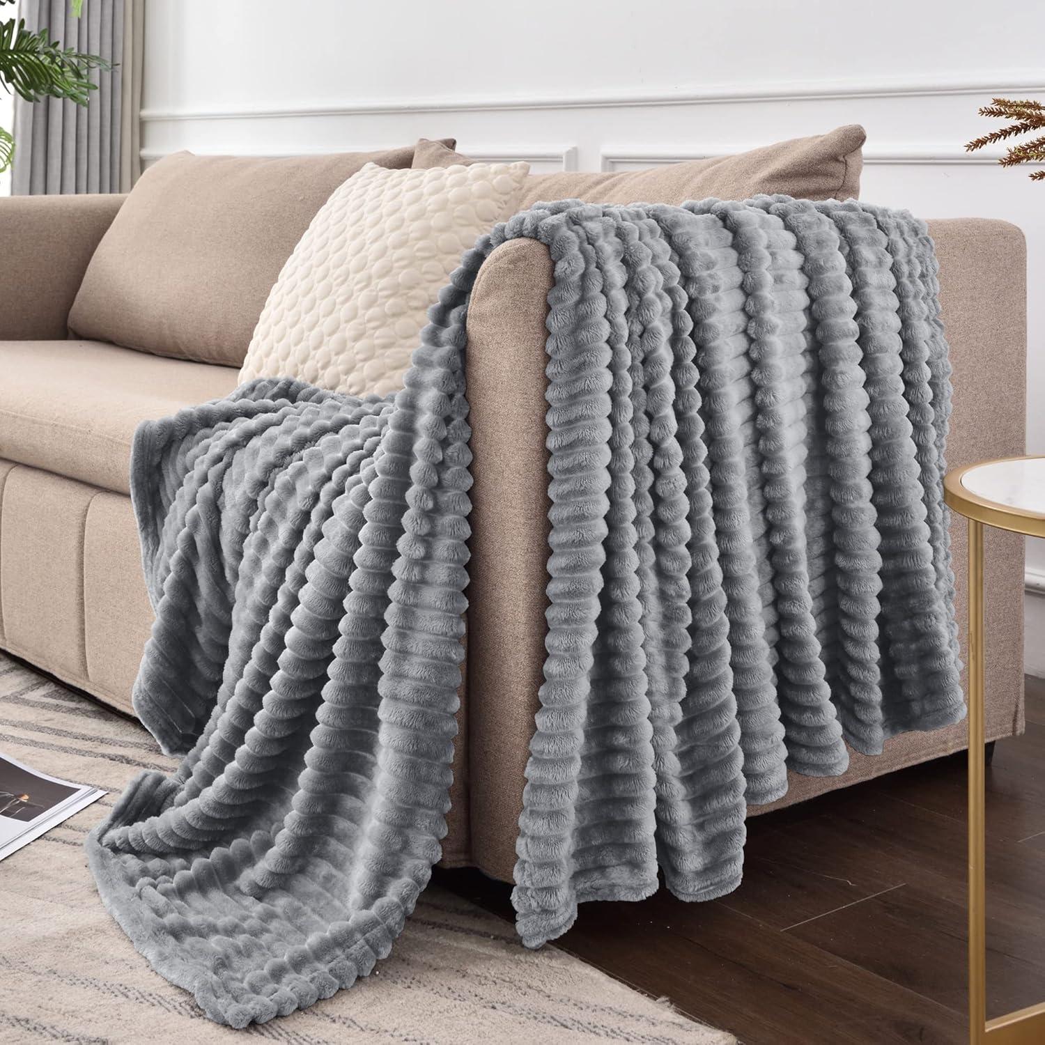 Gray 3D Ribbed Jacquard Fleece Throw Blanket 50x60 inches