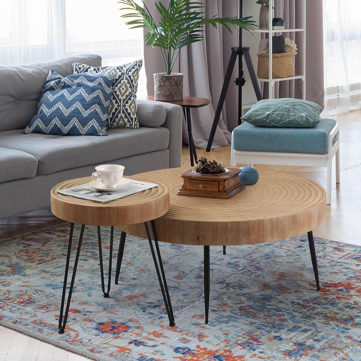 Round Natural Wood Farmhouse Nesting Coffee Table Set