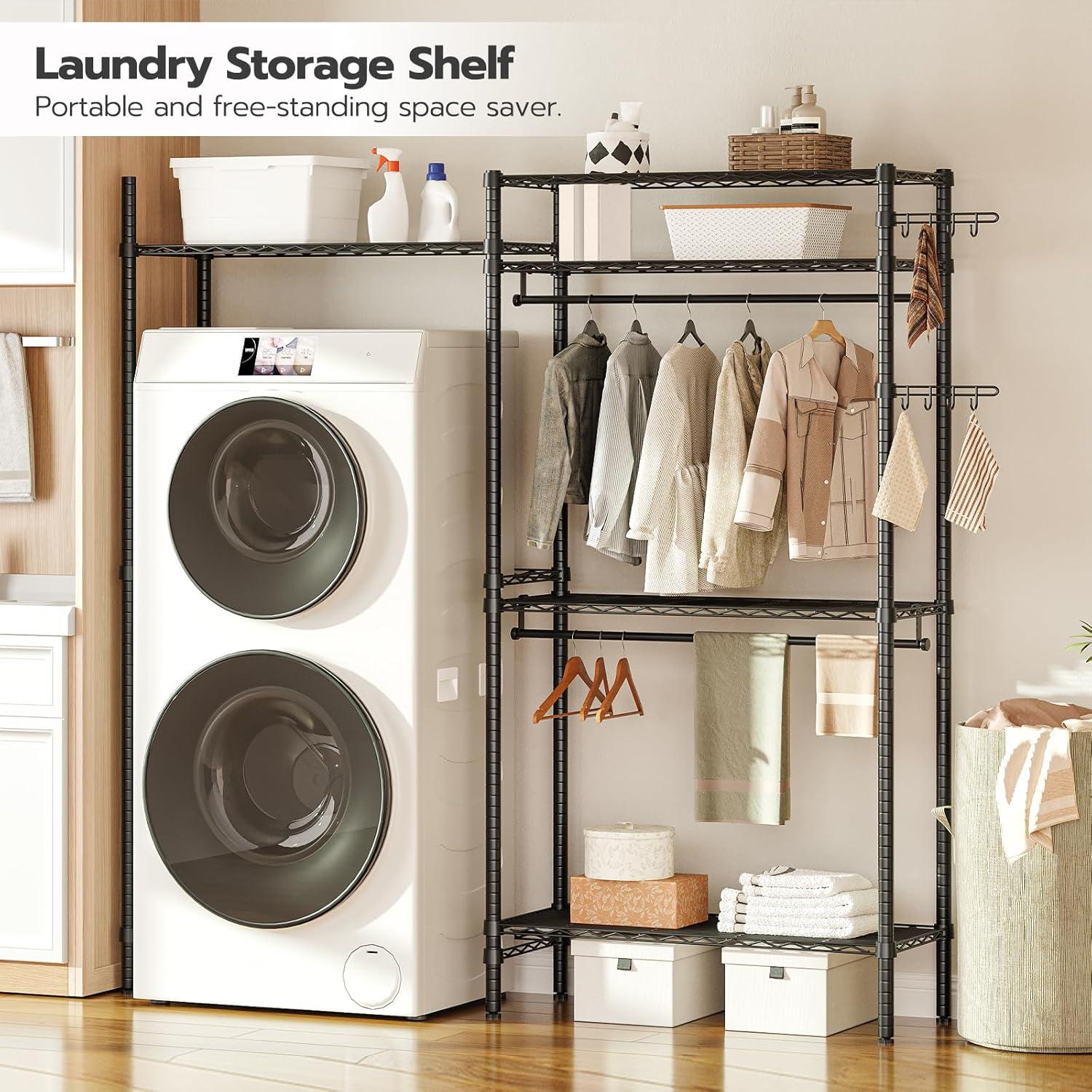 Kselythan Over Washer and Dryer Shelves,57.4" W Heavy Duty Laundry Room Storage Organization Clothes Drying Rack,Height Adjustable Towel Racks with Hamper and Hooks,Space Saving Shelf