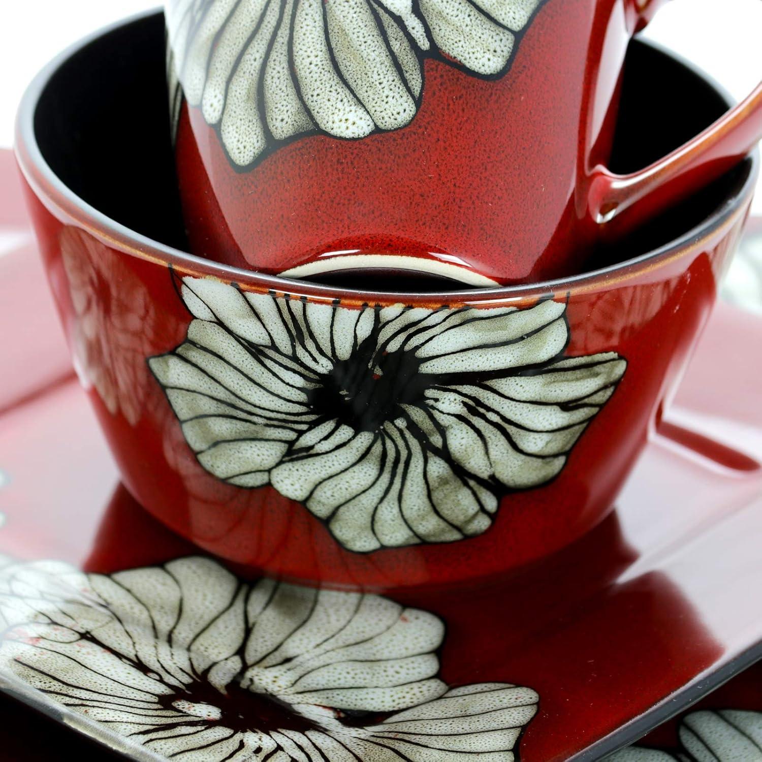 Red Ceramic Square Dinnerware Set with White Flower Accents, Service for 4