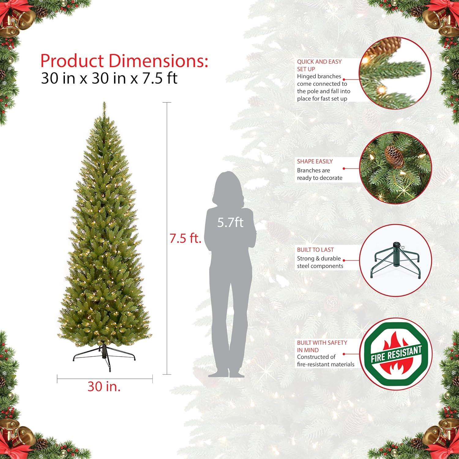 Puleo International 7.5' Pre-Lit Fraser Fir Pencil Tree Artificial Christmas Tree with 350 Clear UL Listed Lights