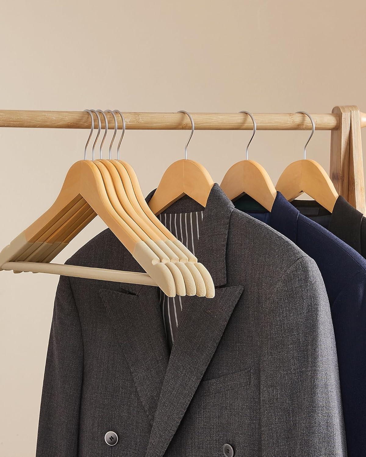 SONGMICS Set of 20 Wooden Hangers with Velvet Surface, Non-Slip Coat Hangers with Shoulder Grooves, Pants Bar, 360° Swivel Hook, for Jackets, Shirts, Natural UCRW012N02
