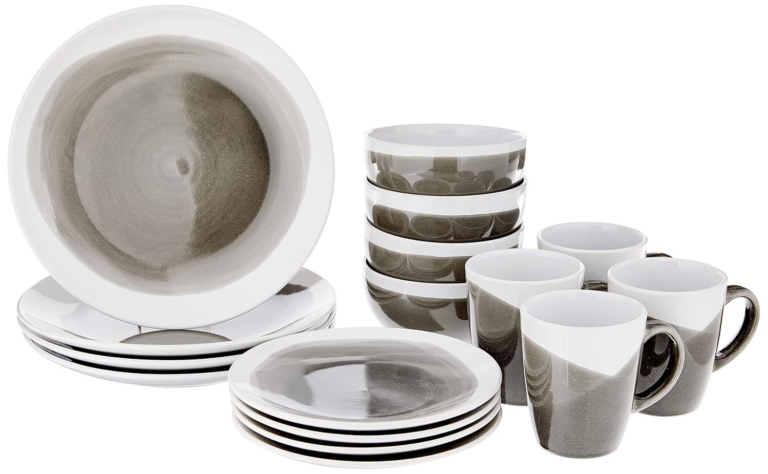 American Atelier, Charcoal and White, Round, Stoneware Dinnerware Set, 16-Piece