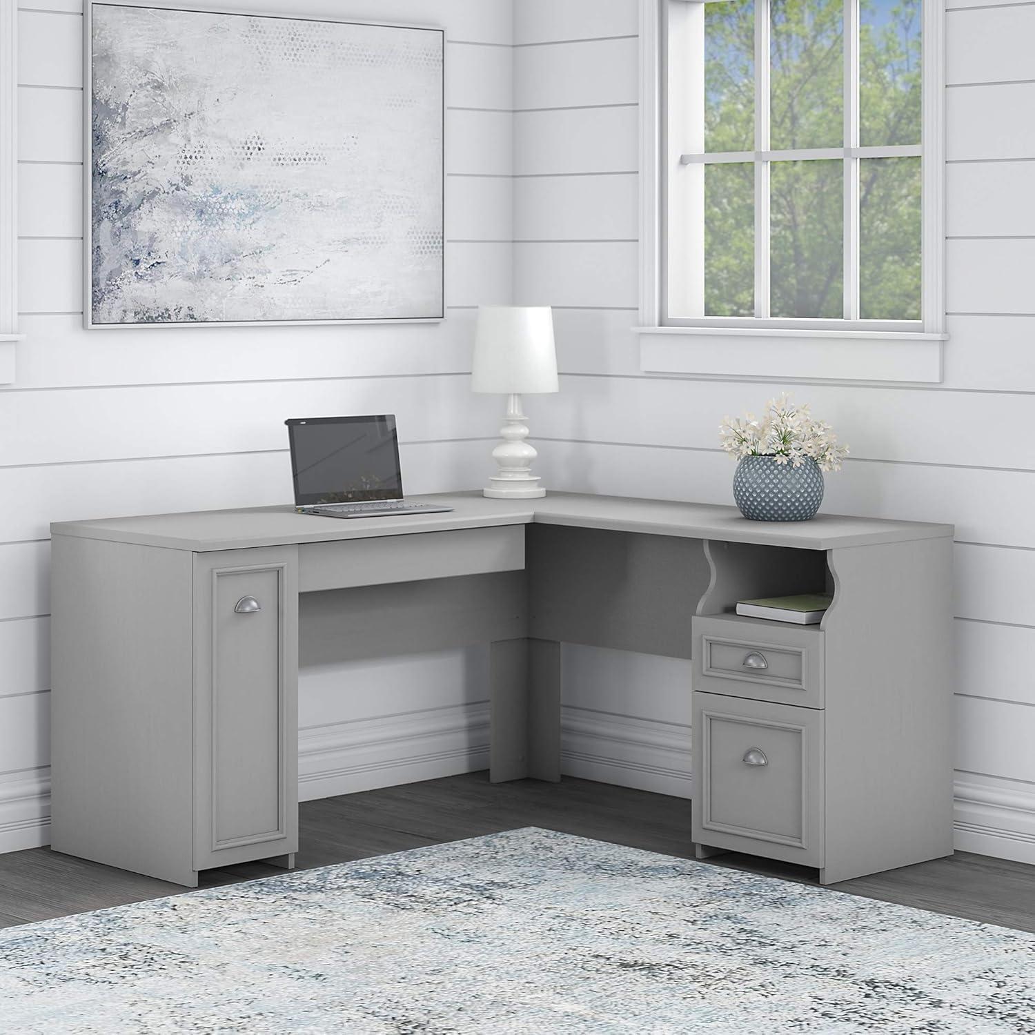 Cape Cod Gray 60W L-Shaped Farmhouse Home Office Desk with Storage