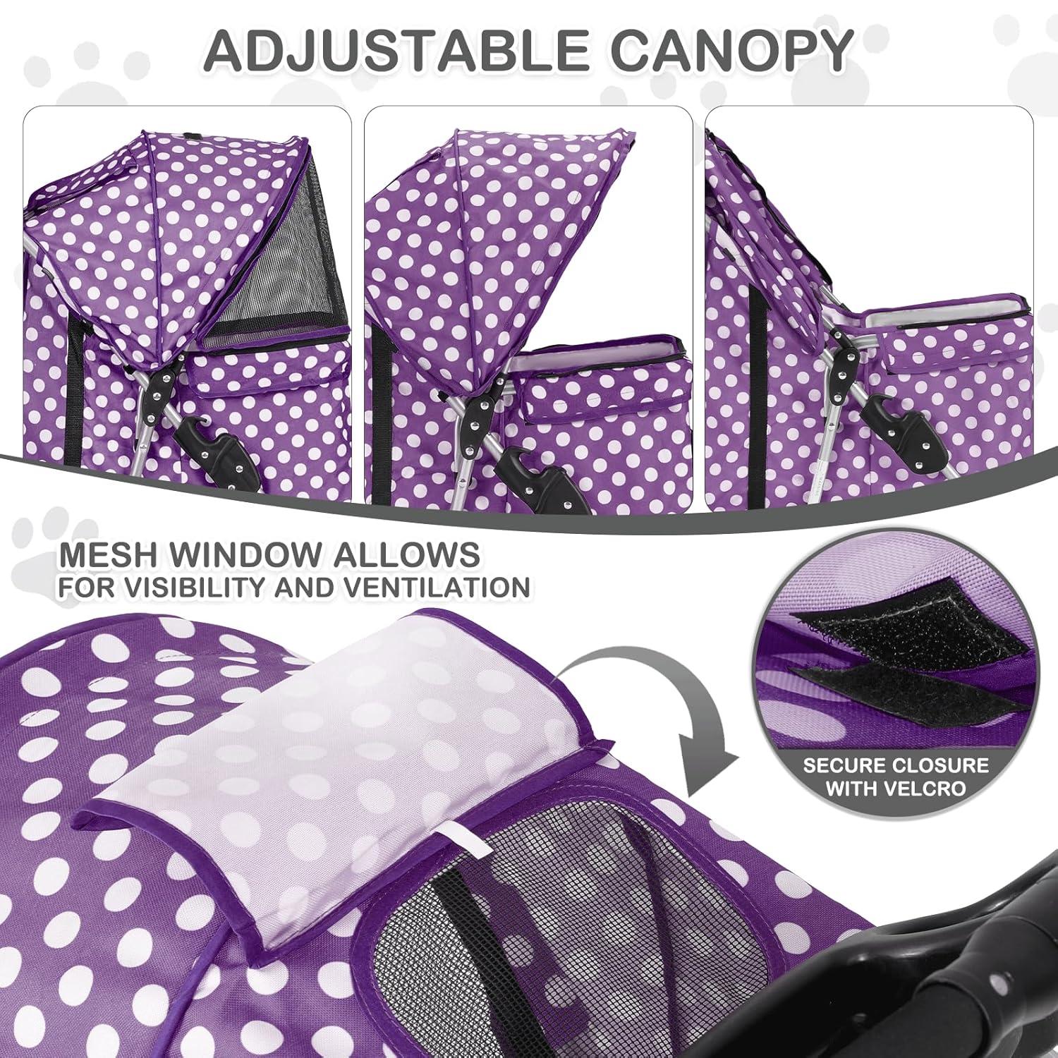 MoNiBloom 3 Wheel Folding Pet Dog Stroller, Foldable Lightweight Trolley with Storage Basket, Cup Holder and 360° Rotating Front Wheel for Small Medium Dogs, Purple with White Polka Dots