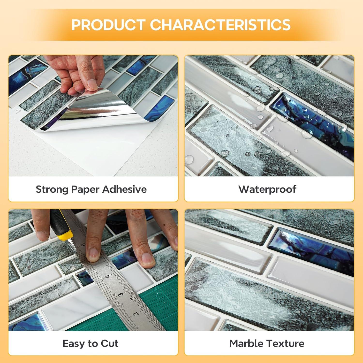 STICKGOO 10-Sheet Marble Look Peel and Stick Wall Tile, 12"x12" Premium Self Adhesive Tiles Kitchen Stick on Backsplash,Gray & Blue