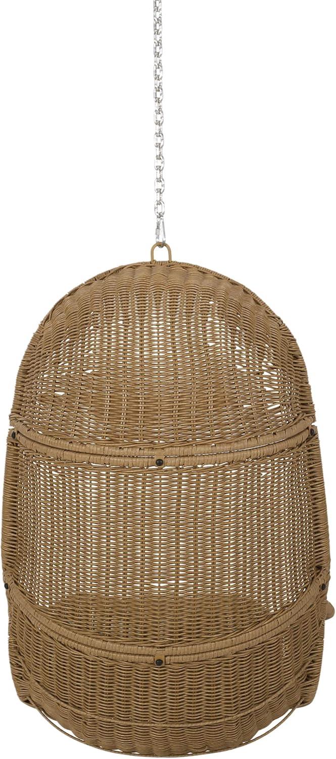 Orville Indoor/Outdoor Wicker Hanging Chair with 8' Chain - Light Brown/Beige - Christopher Knight Home: Polyester, Weather-Resistant