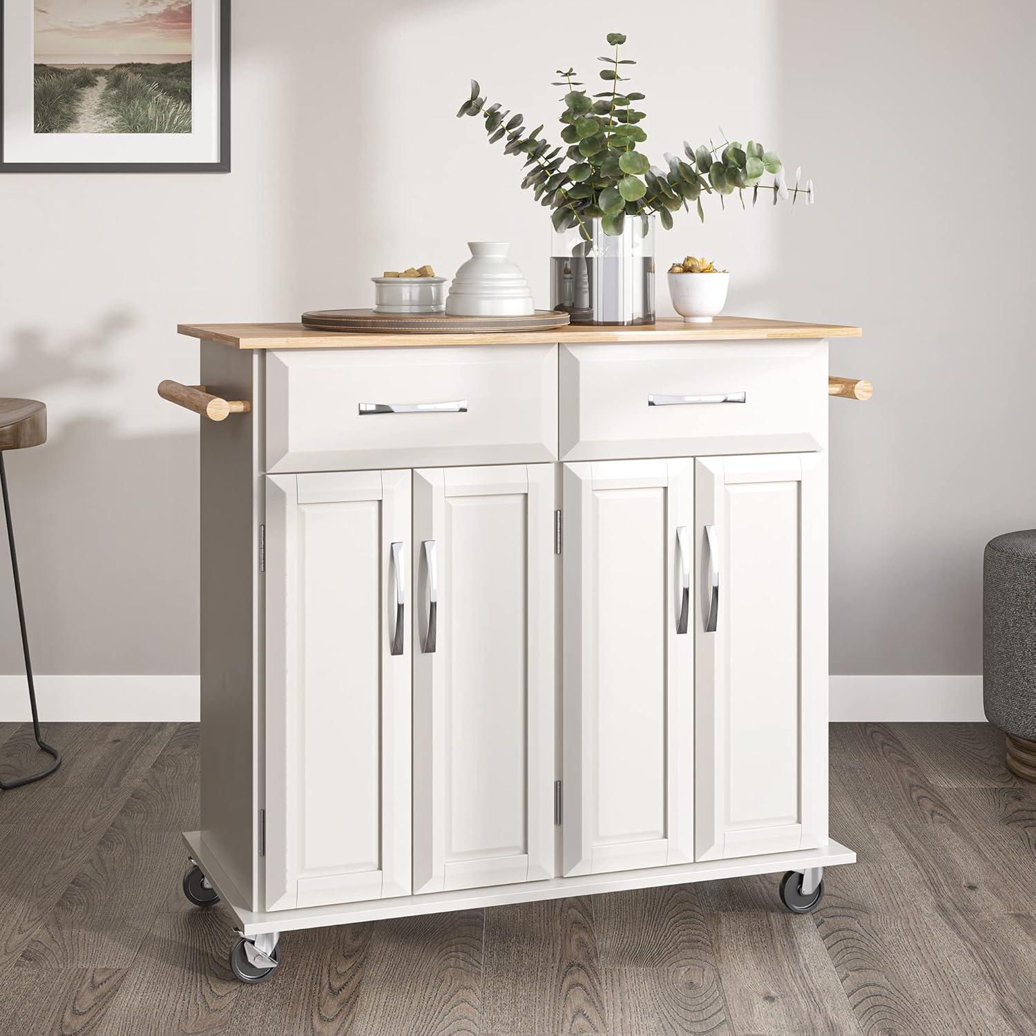 BELLEZE Rolling Kitchen Island Utility Cart with 2 Drawers - Baldy (White)