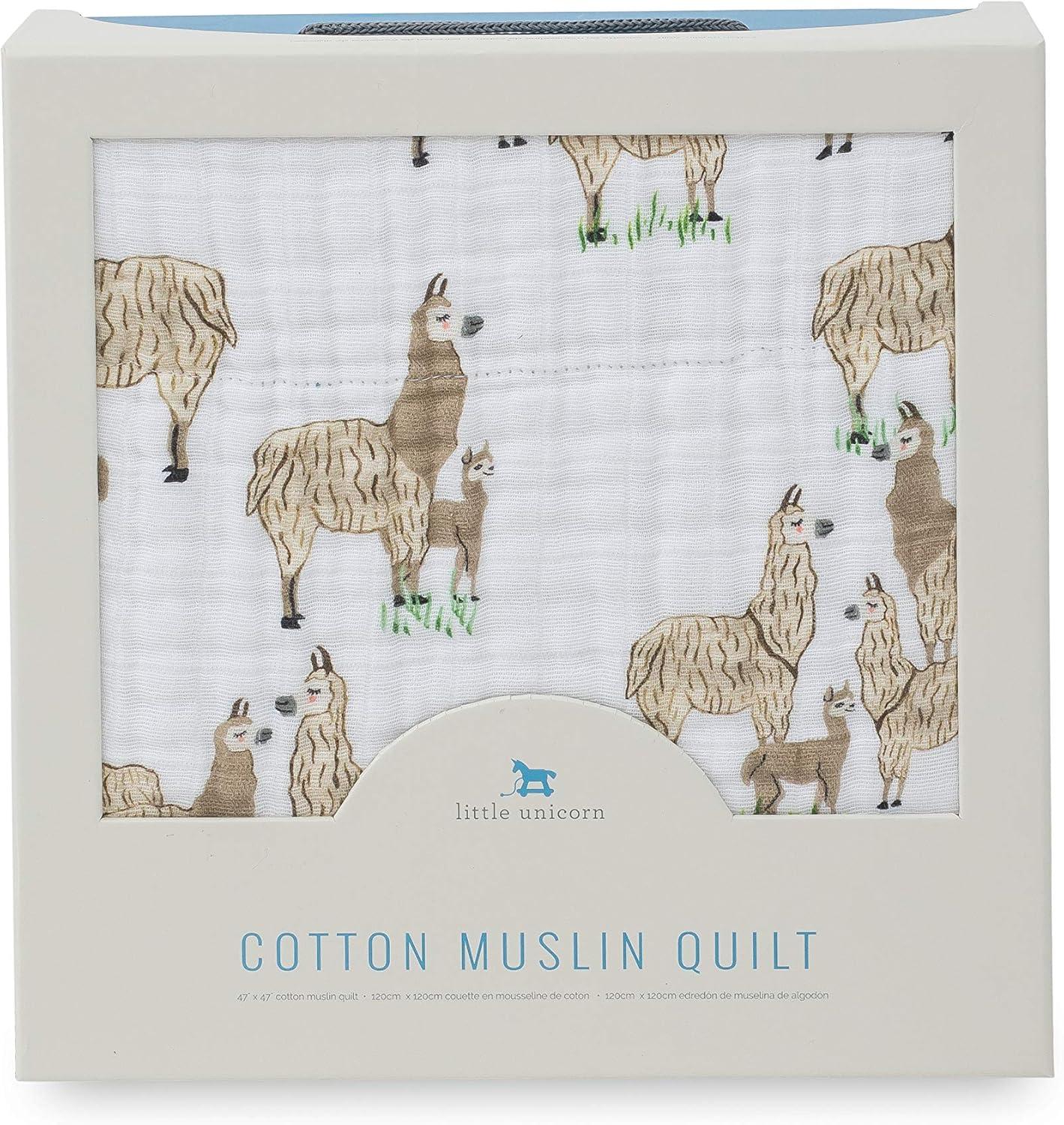 White Cotton Muslin Baby Quilt with Llama Print