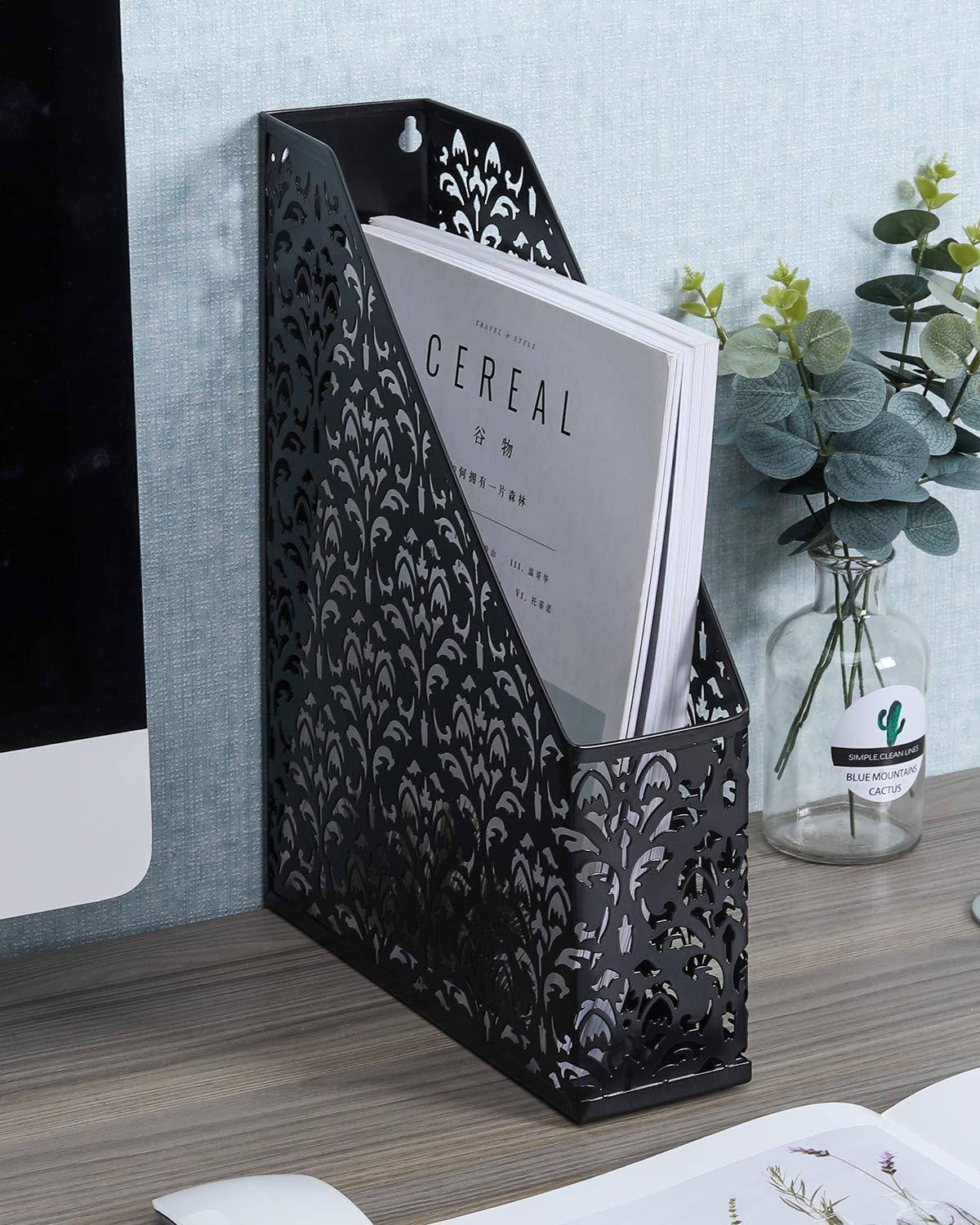 EasyAPG Heavy Duty Metal Magazine File Holder - Carved Hollow Flower Pattern Design, No Assembly Desk Organizer for Legal Size Files, Home Office Storage Rack, Black