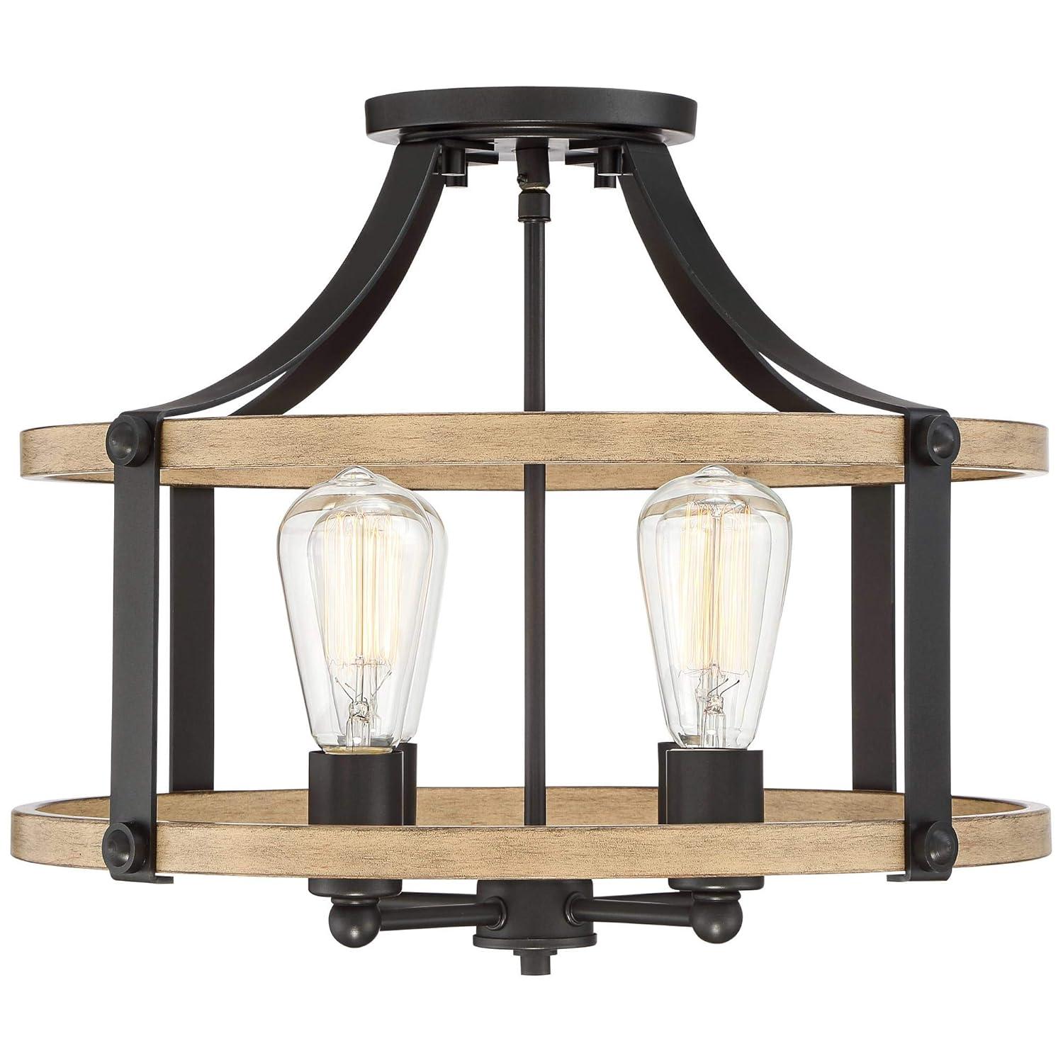 Franklin Iron Works Buford Rustic Farmhouse Ceiling Light Semi Flush Mount Fixture 18" Wide Faux Wood Black 4-Light for Bedroom Kitchen Living Room