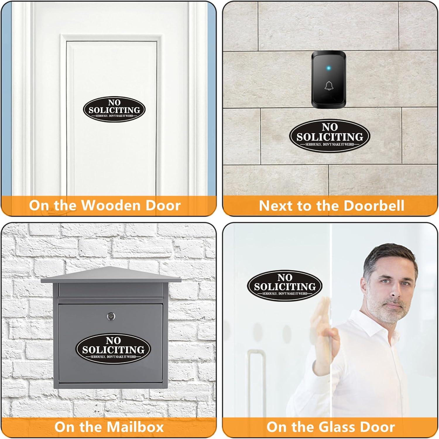 No Soliciting Sign, No Solicitors Sign for Front Door, 2 Pack Self-Adhesive Aluminum Metal No Solitation Do Not Knock or Ring Bell Sign, 7.0 x 3.0 inches Weather Resistant Signs for Home Doorbell Busi