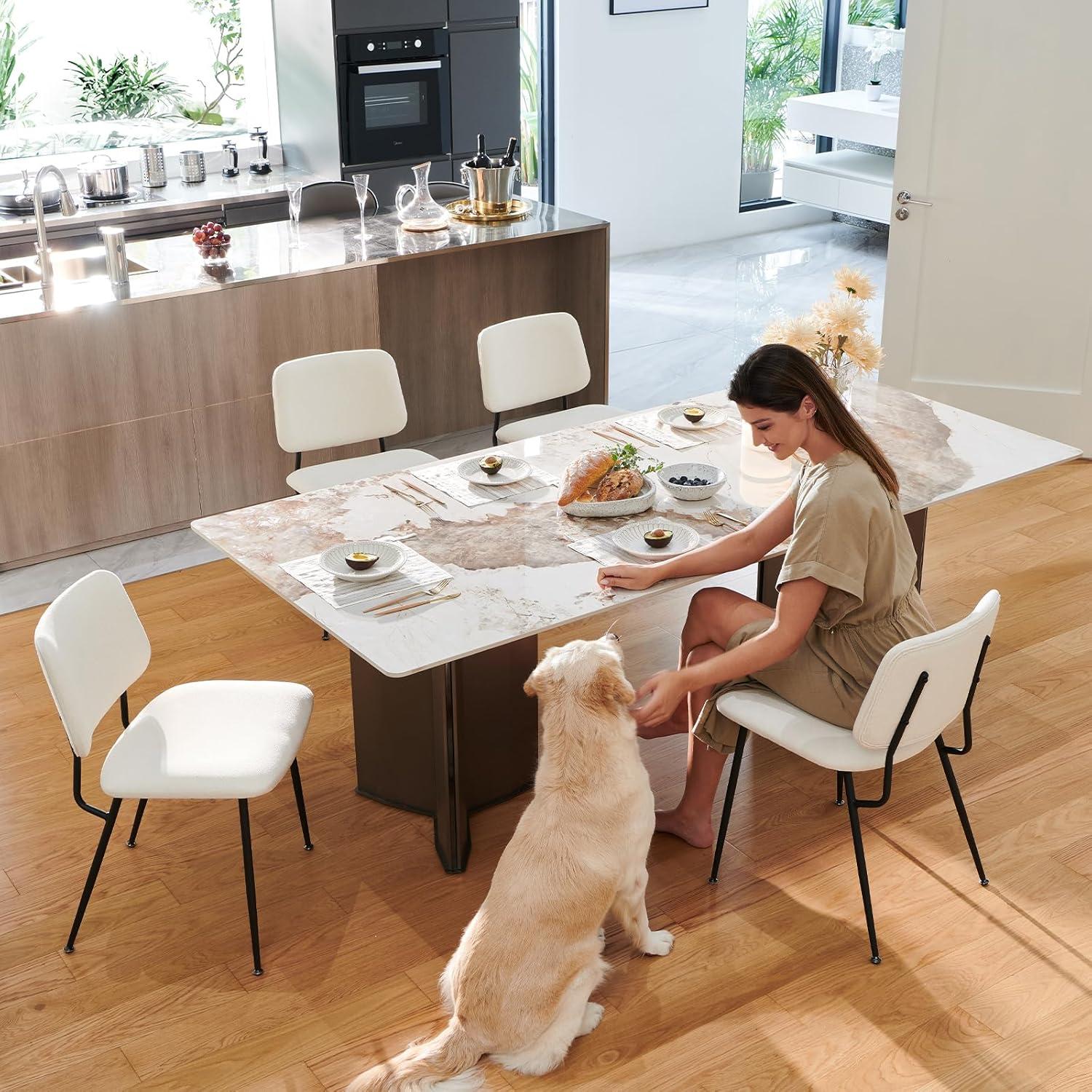 COLAMY Modern Upholstered Dining Chairs Set of 2, Fabric Dining Room Chairs Accent Diner Chair Stylish Kitchen Chairs with Solid Metal Legs, Cream