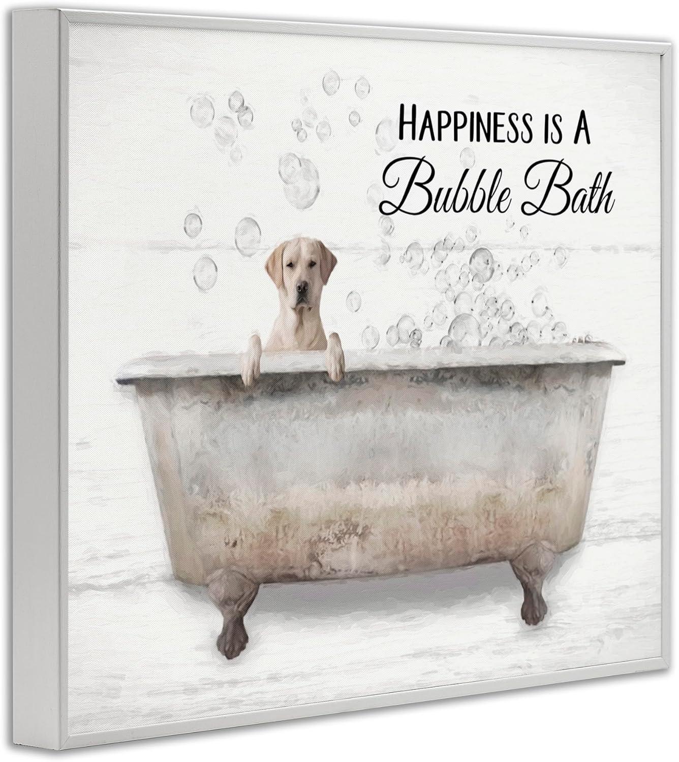 Stupell Industries Happiness Is A Bubble Bath Dog In Tub Word Design Paintings White Framed Art Print Wall Art, 24x30, by Lori Deiter