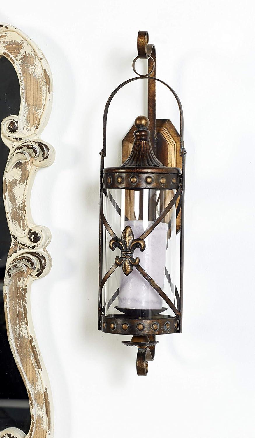 DecMode Bronze Metal Fleur De Lis Suspended Studded Wall Sconce with Scroll Details