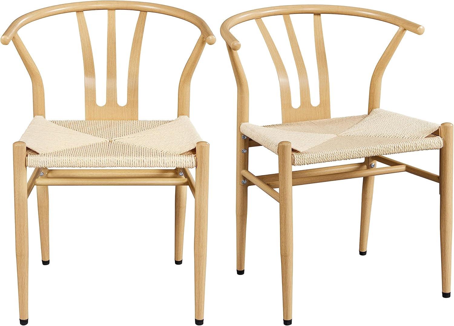 Natural Wood and Rattan Wishbone Arm Chair Set