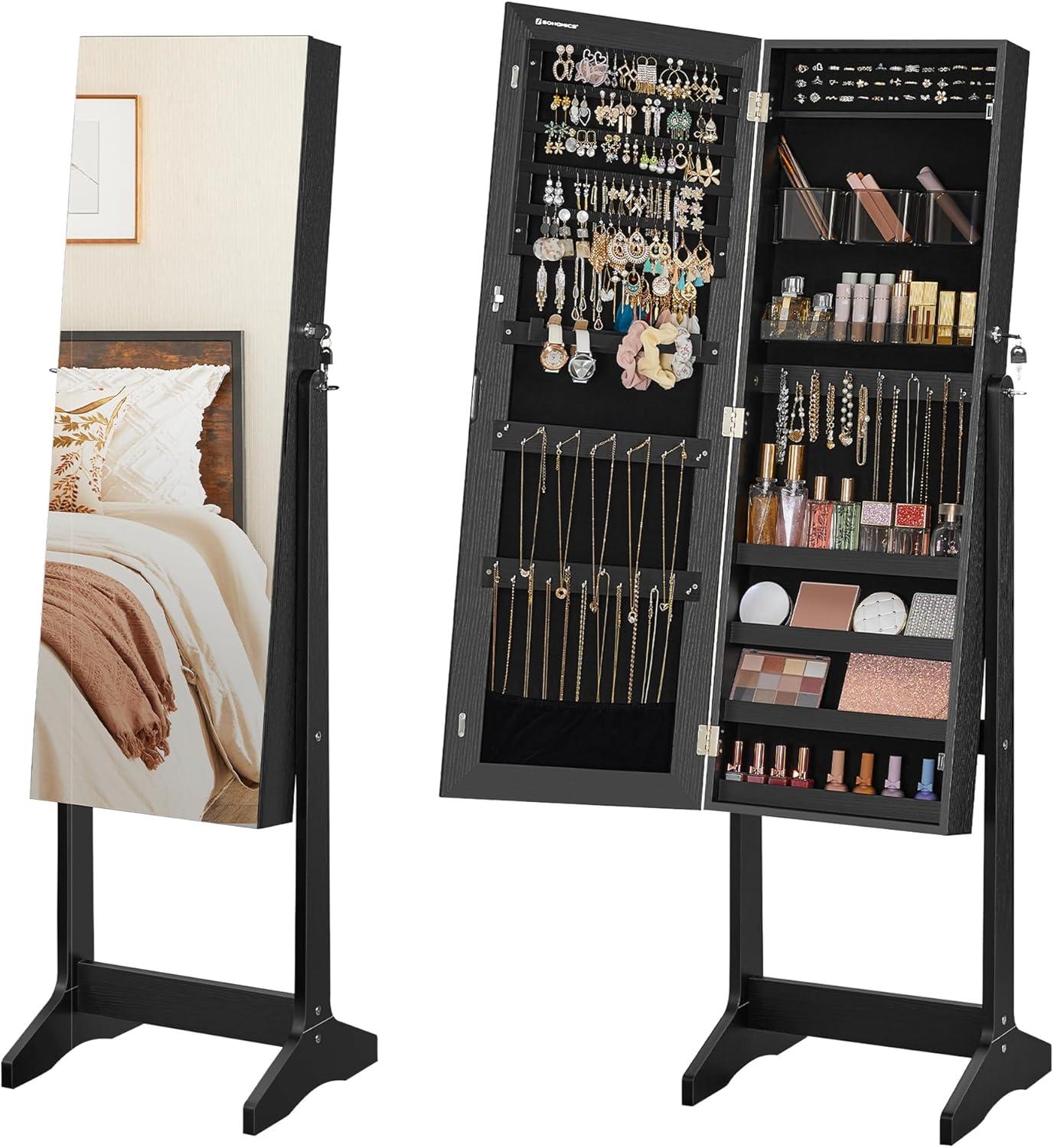 Black Freestanding Jewelry Cabinet Armoire with Mirror