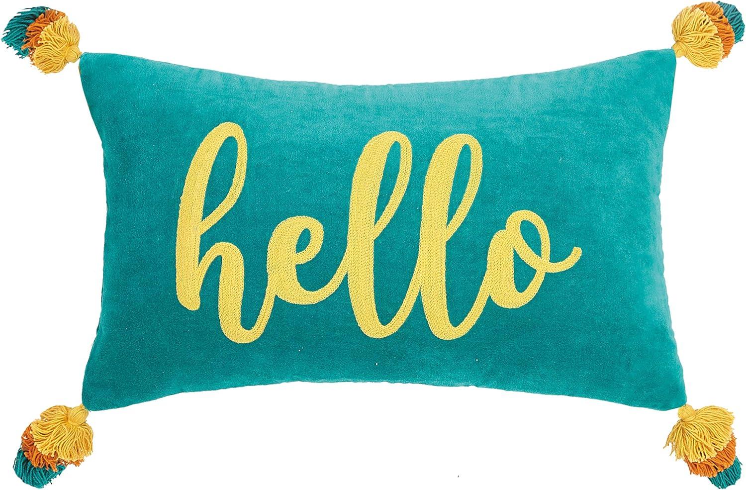 Teal Cotton Embroidered Rectangular Pillow with Tassels