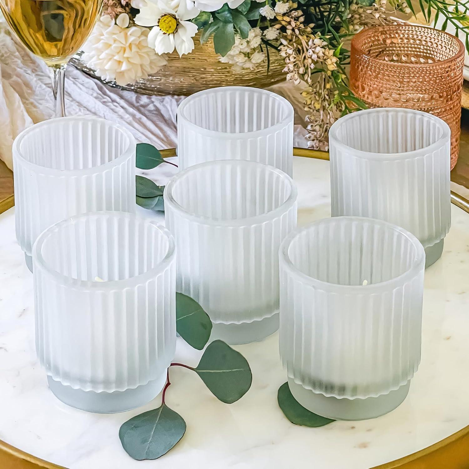 Set of 6 Ribbed Frosted Glass Tealight Candle Holders