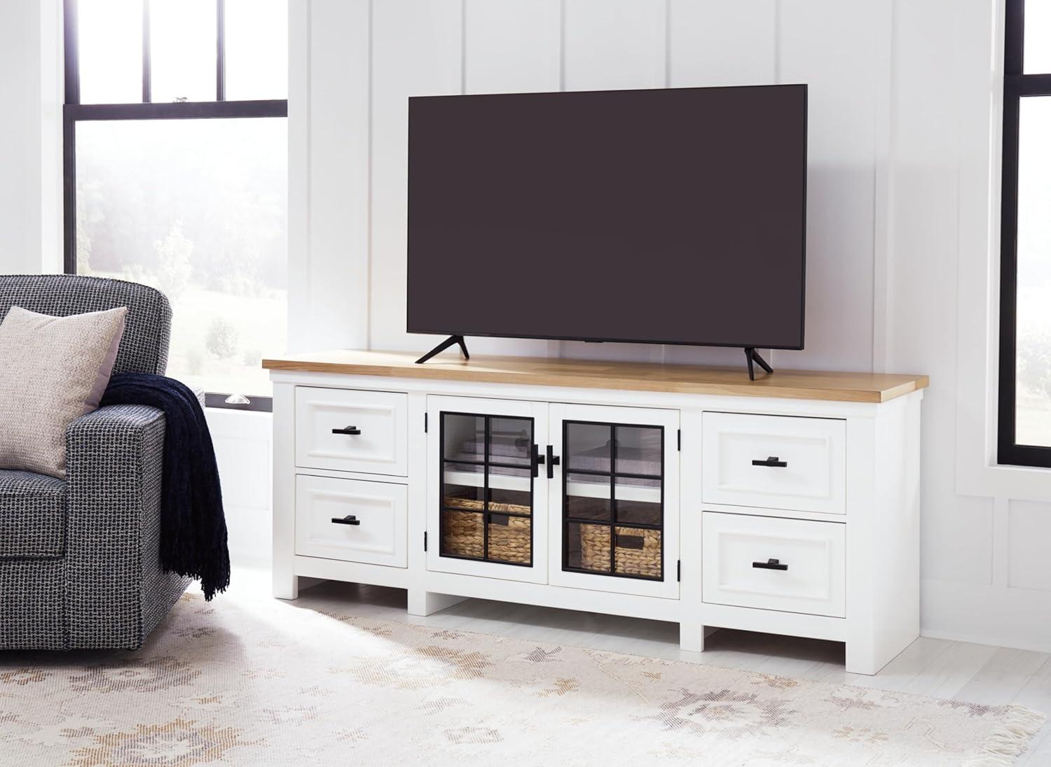 White and Natural 74 Inch TV Stand with Cabinets