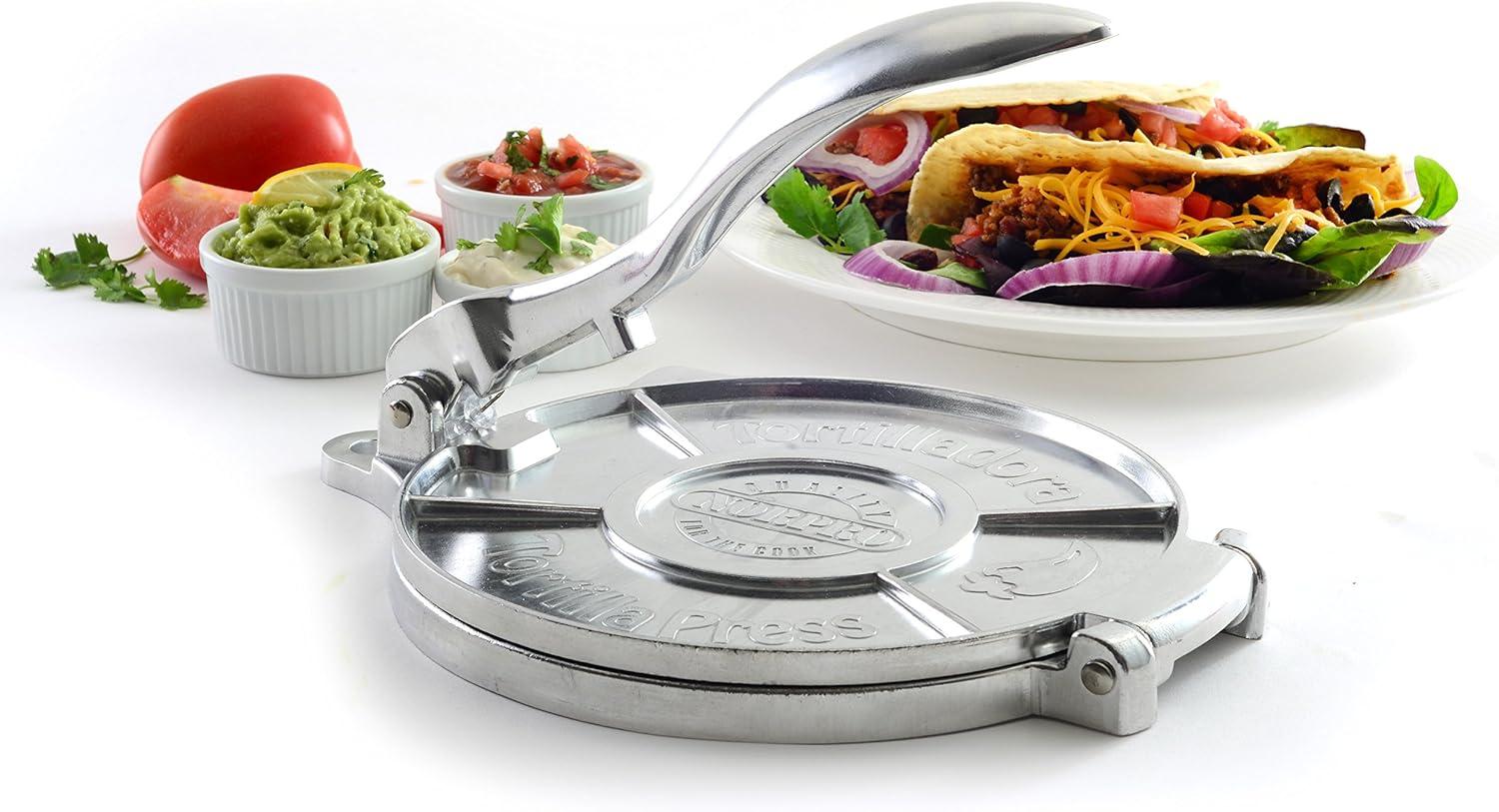 Norpro 8 Inch Round Cast Aluminum Tortilla Masa Dough Press Flattener, Silver