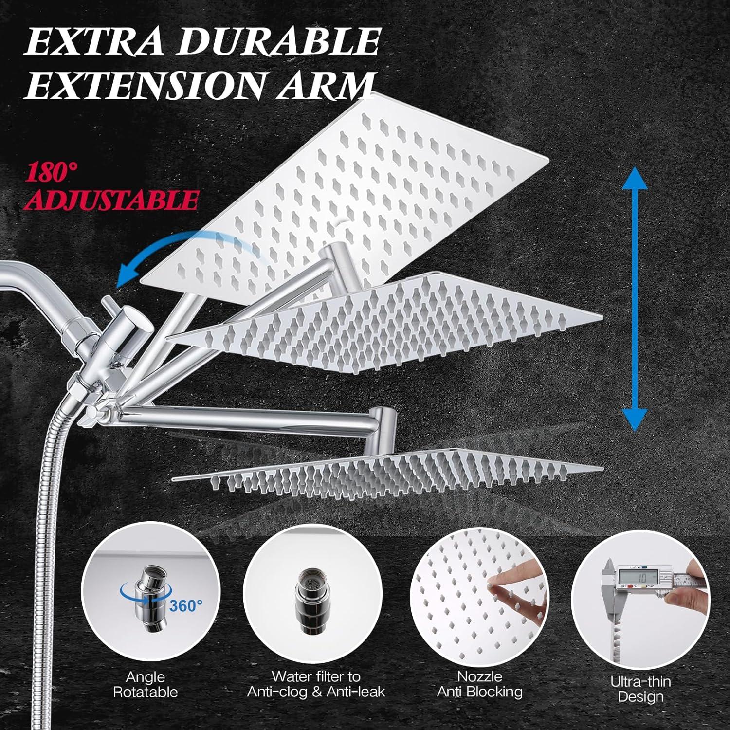 Chrome Dual Shower Head with Handheld Spray and Adjustable Arm