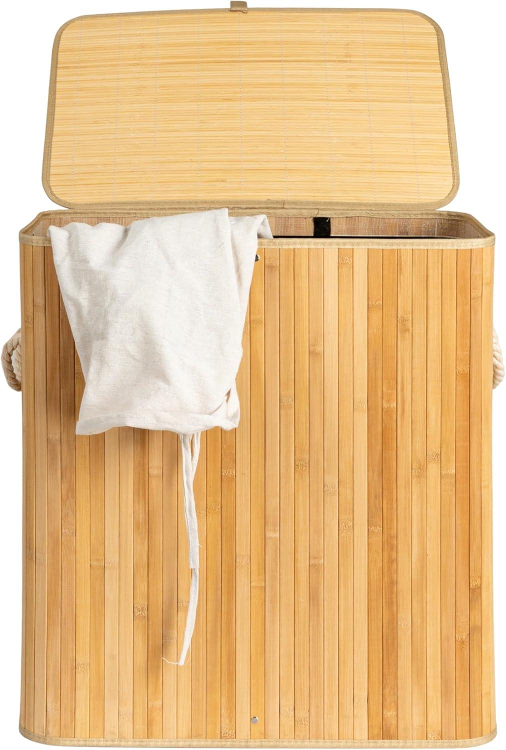 Bamboo Laundry Hamper with Rope Handles, Lid and Removable Machine Washable Laundry Bag