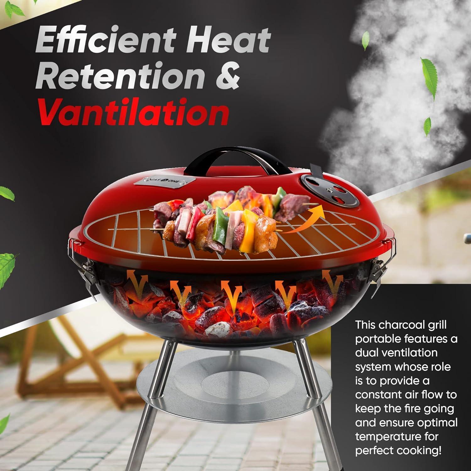 14-Inch Red Portable Charcoal Grill with Smoker