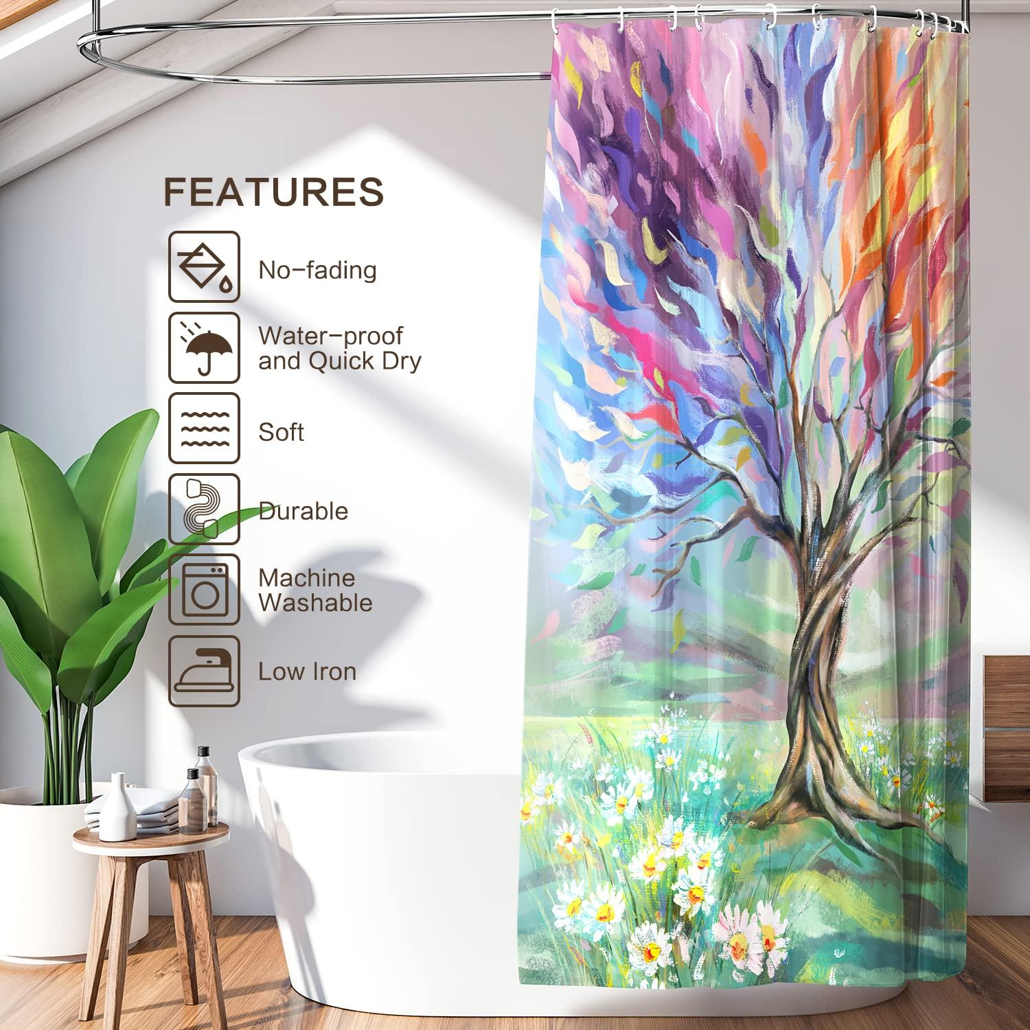 Oil Painting Tree Shower Curtain, Colored Seasons Tree Shower Curtain for Bathroom with 12 Hooks Polyester Fabric Washable Summer Shower Curtain Set Home Office Farmhouse Decor Bath Curtain